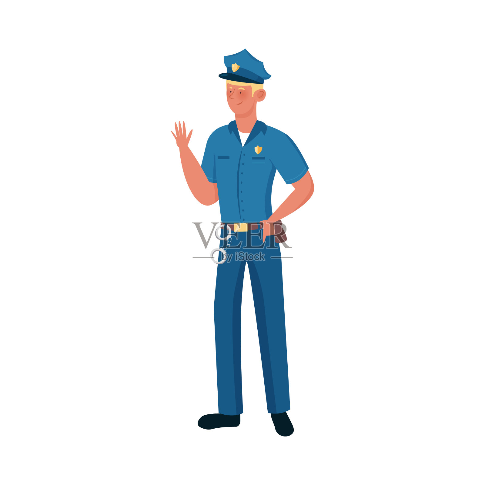 身穿蓝色制服、戴着帽子的警察站着摆姿势。矢量插图孤立在白色背景设计元素图片