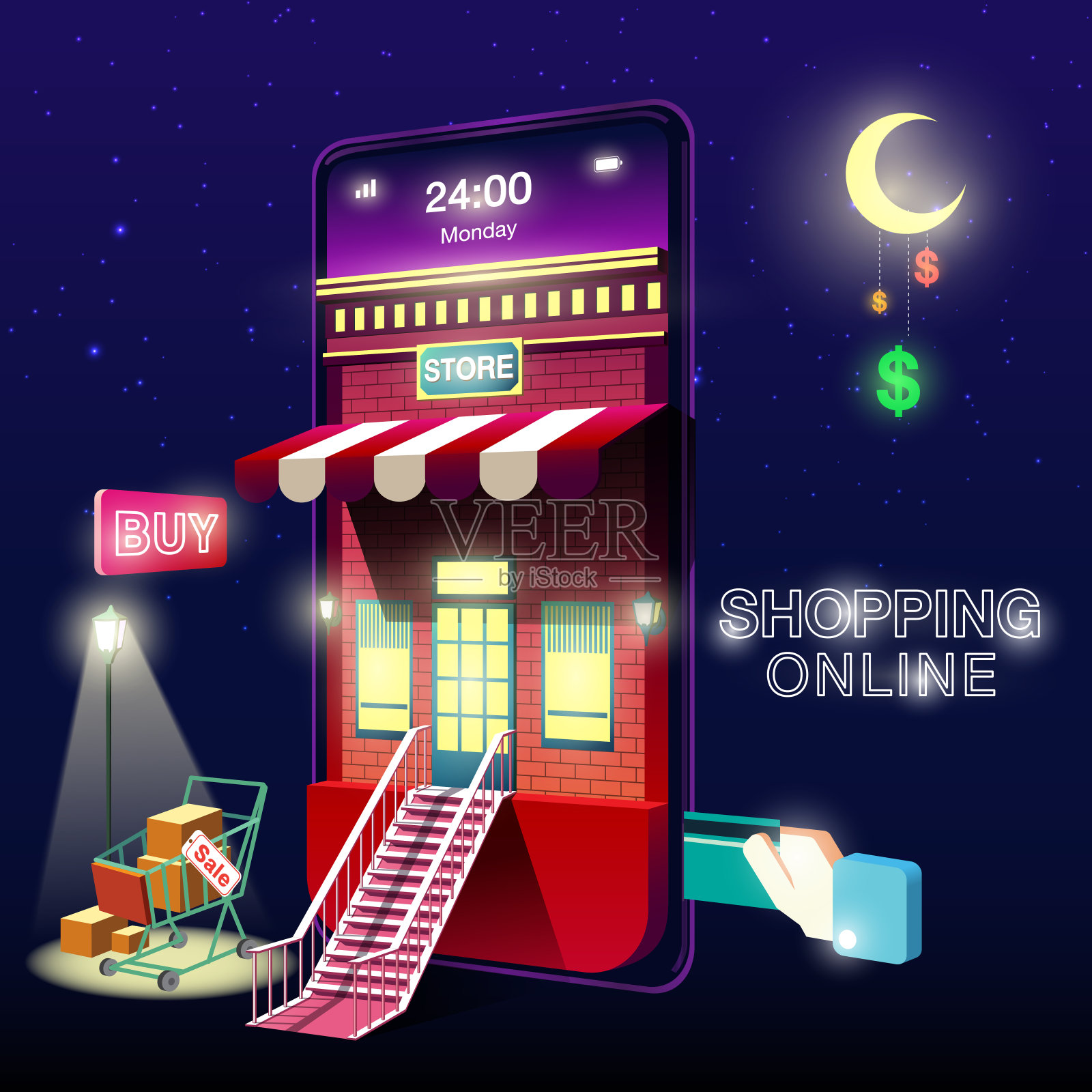 网上购物手机之夜概念插画图片素材