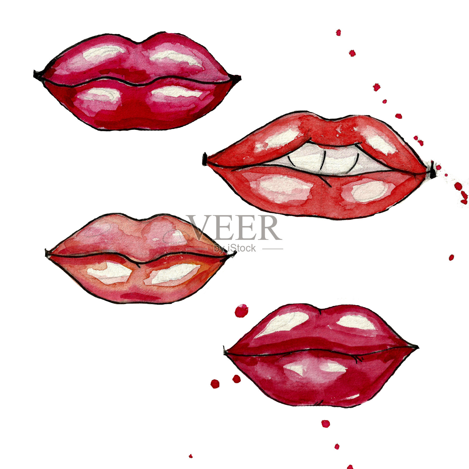 水彩女子的红唇孤立在白色的背景。水彩时装插图设计元素图片