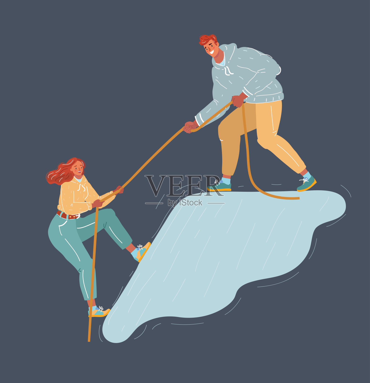夫妻互相帮助。女人试图爬上山顶插画图片素材