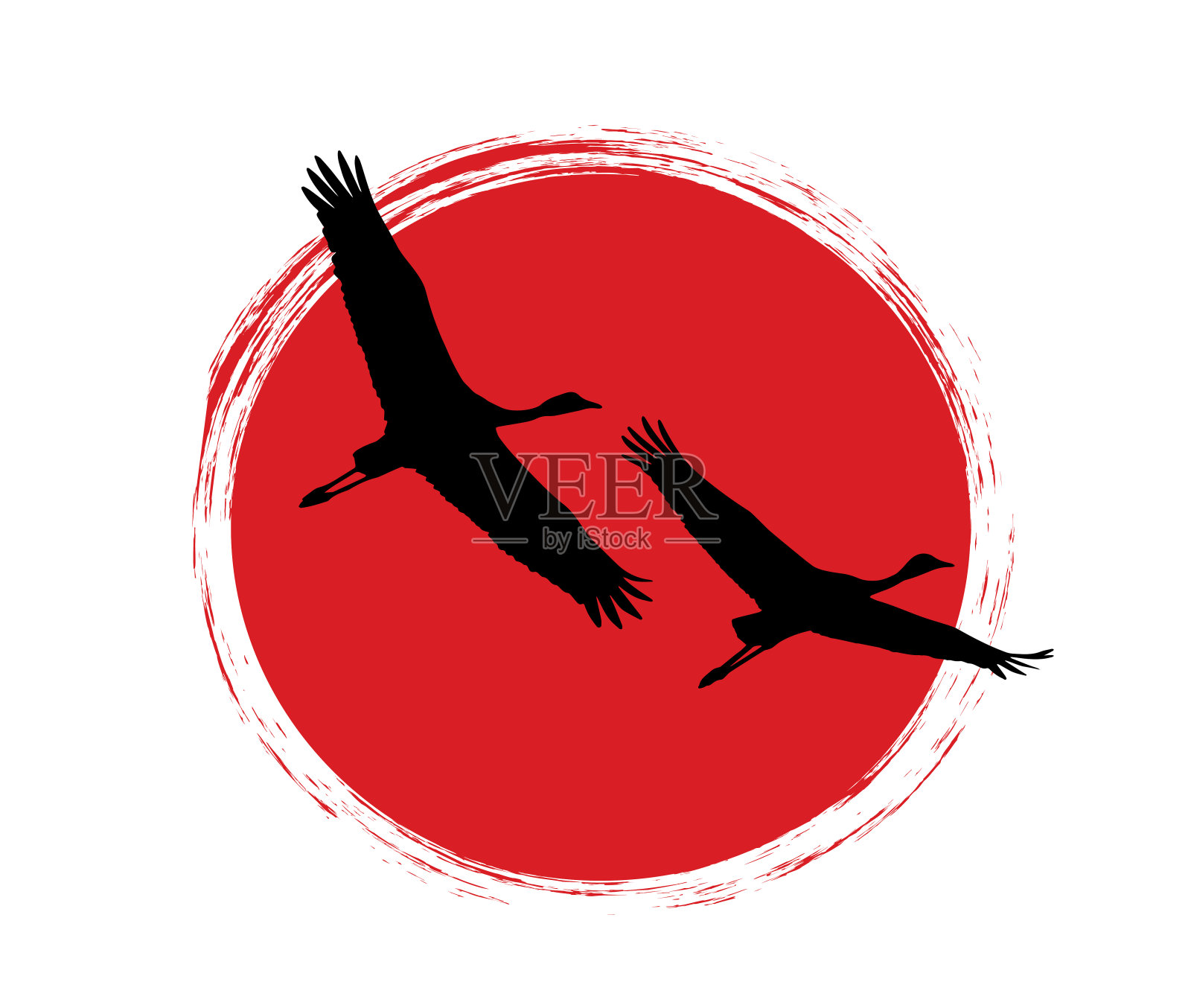 飞行中的日本鹤。落日背景上的剪影。插画图片素材