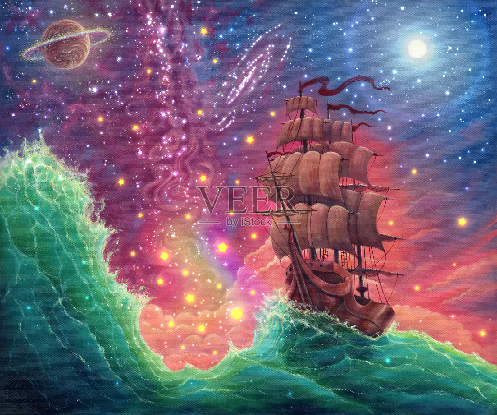幻想油画海洋景观艺术与船，日落，太空星星，行星，月亮，手绘海景插图与海洋的波浪和船在帆布上，梦想与美丽的色彩插画图片素材