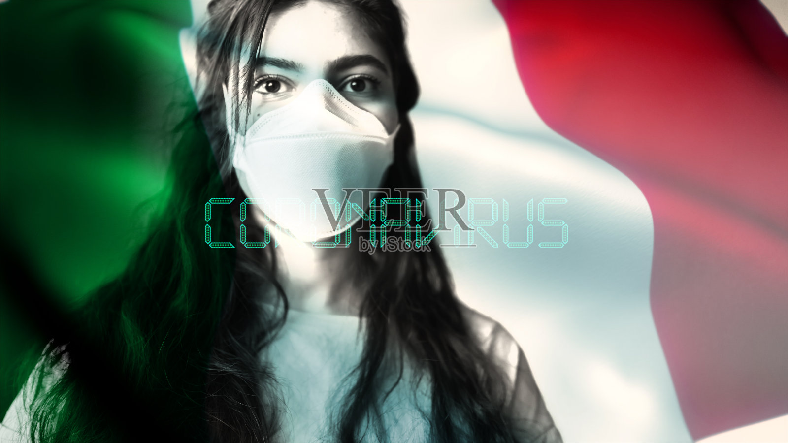 冠状病毒2019-nCov背景概念耐心地戴上意大利国旗覆盖的防护面具。照片摄影图片
