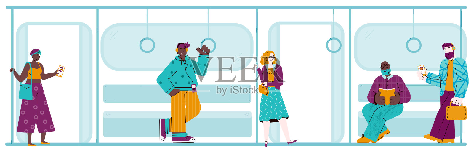 人们在地铁列车-平面横幅与卡通的男人和女人插画图片素材