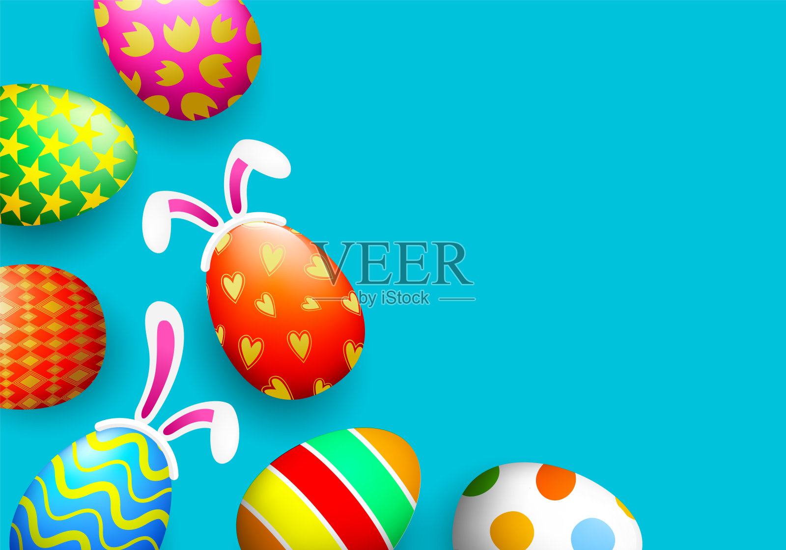 彩色的复活节彩蛋和兔子耳朵。寻找复活节彩蛋的概念。插画图片素材