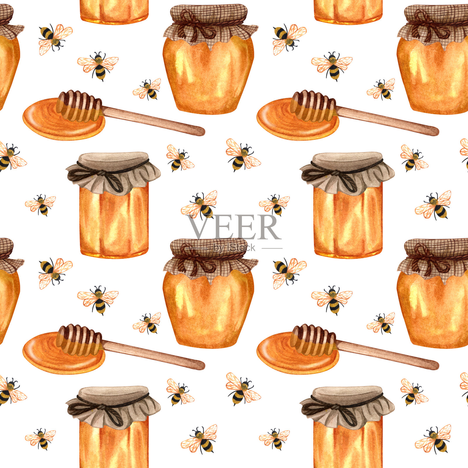 水彩蜂蜜无缝图案与蜜蜂和蜂蜜。手绘重绘背景。插画图片素材