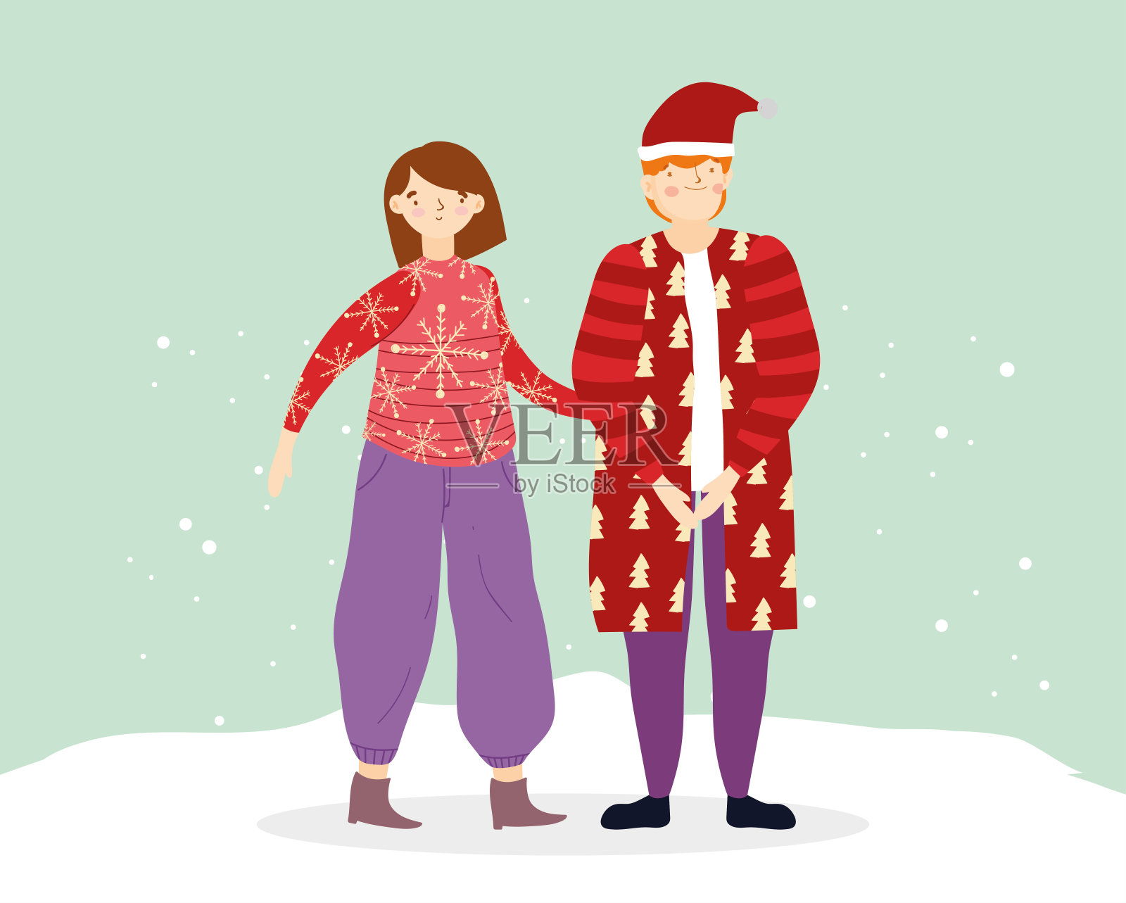 圣诞快乐，雪地里穿着暖和衣服的夫妇插画图片素材