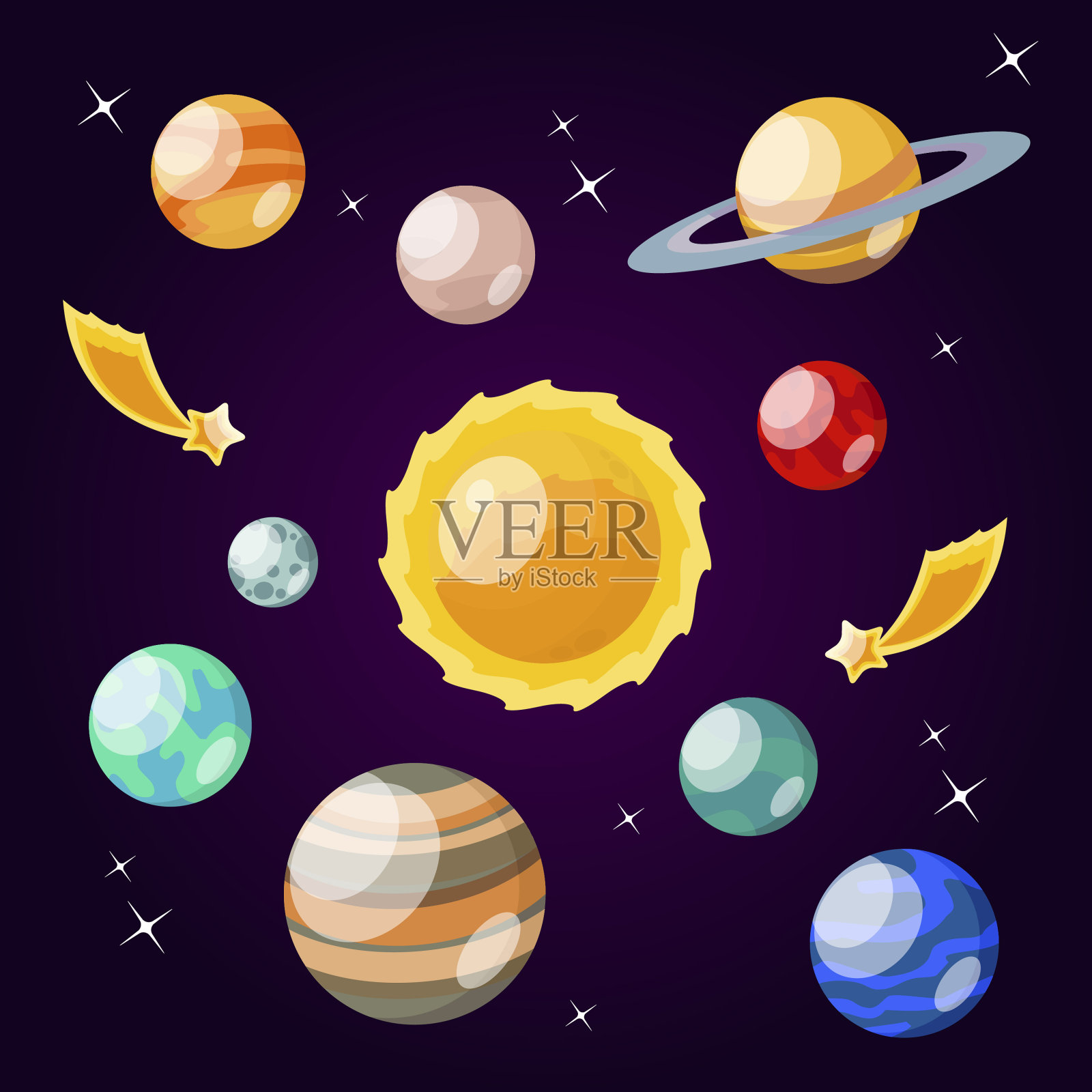 卡通彩色太阳系元素图标集。向量插画图片素材