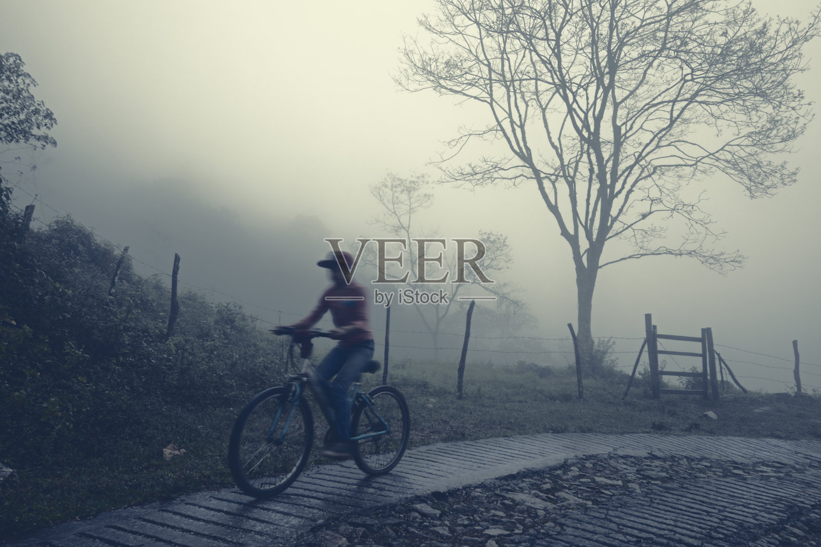 墨西哥大雾中骑自行车的人照片摄影图片