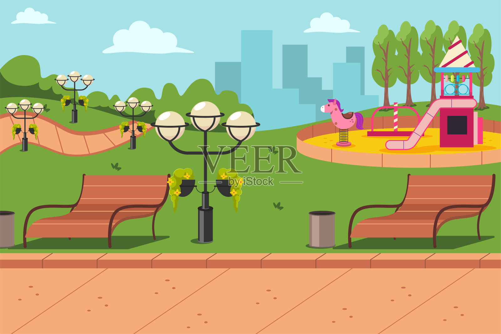 有长凳，灯笼和儿童游乐场的城市公园。矢量卡通平面城市景观插图。插画图片素材