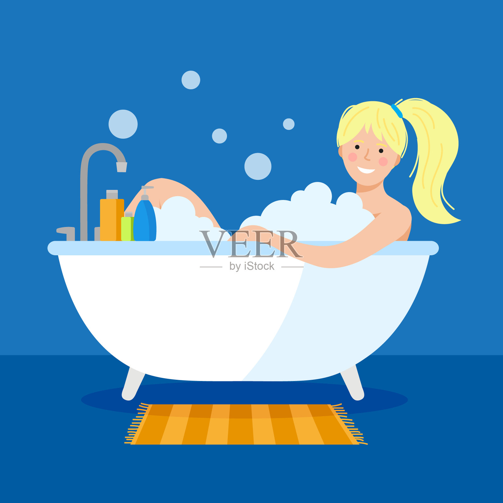 这个女孩用泡沫洗澡。一个年轻女子正在浴室里放松。矢量手绘平面插图与可爱的女性角色。插画图片素材