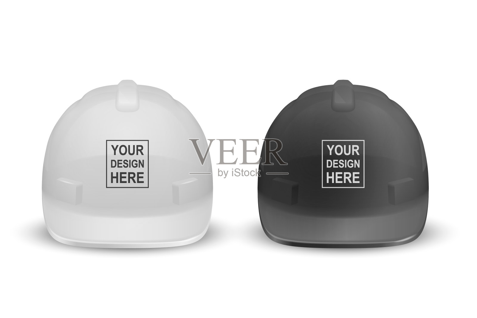 矢量3d现实白色和黑色塑料安全帽图标设置特写隔离在白色背景。头部保护，建造，修理。设计模板模型。股票插图插画图片素材