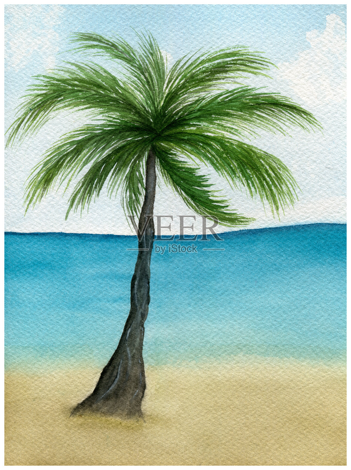 海滩上的棕榈树，水彩画中的热带海滩，热带海滩上棕榈树的夏季景观，异国夏日背景插画图片素材
