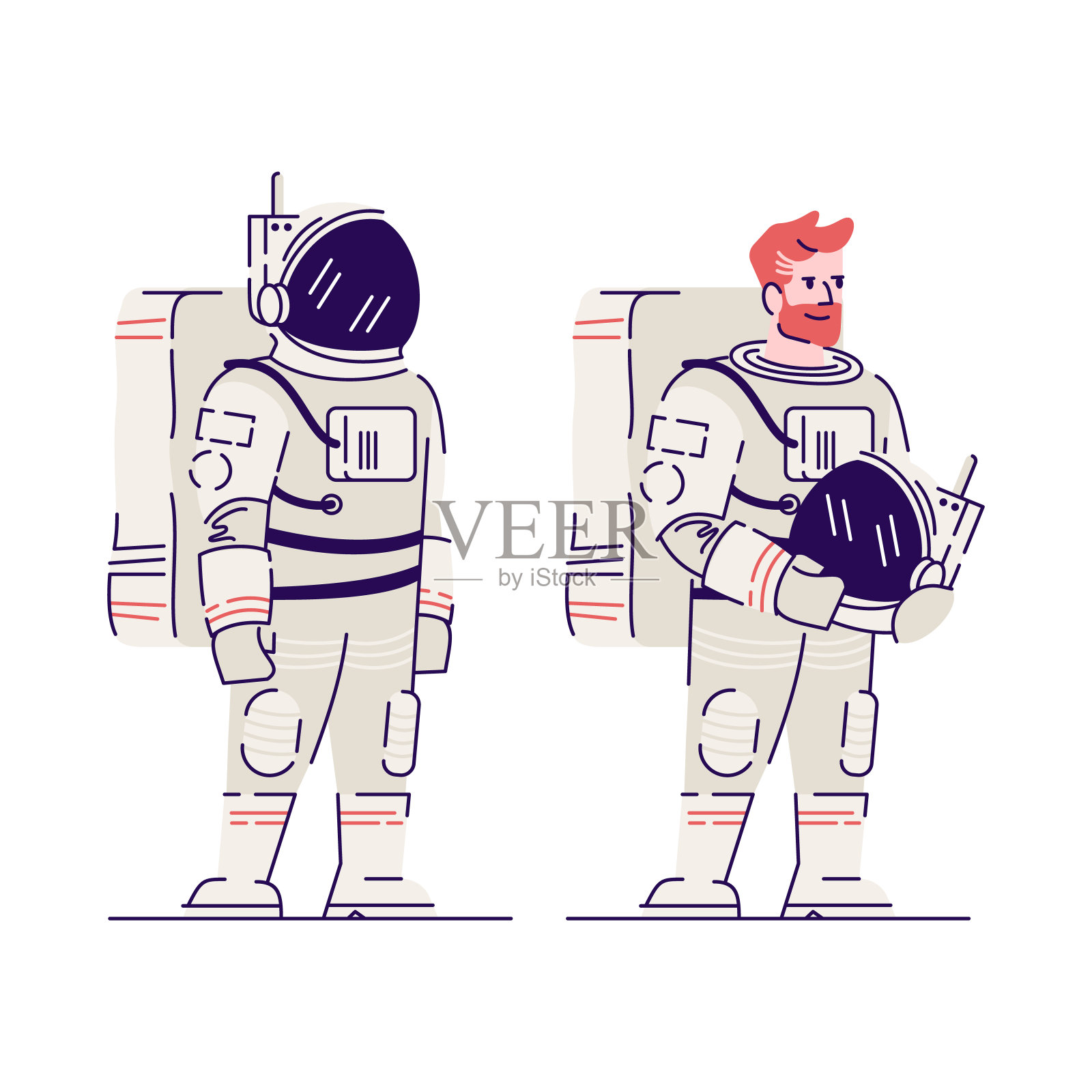 男宇航员与头盔平面矢量插图。微笑红头发的宇航员，太空探索者拿着头盔孤立的卡通人物在白色的背景。太空探索，宇宙任务设计元素图片
