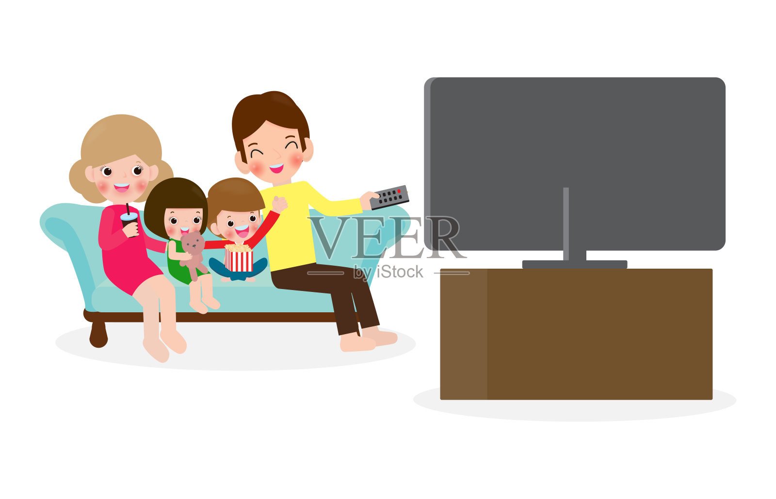 一家人一起看电视，快乐的一家人坐在家里的沙发上看电视孤立的矢量插图上白色的背景。插画图片素材