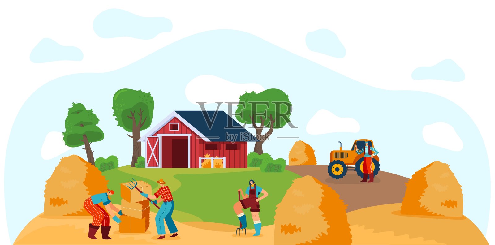 人们在农场工作，堆放干草，矢量插图插画图片素材