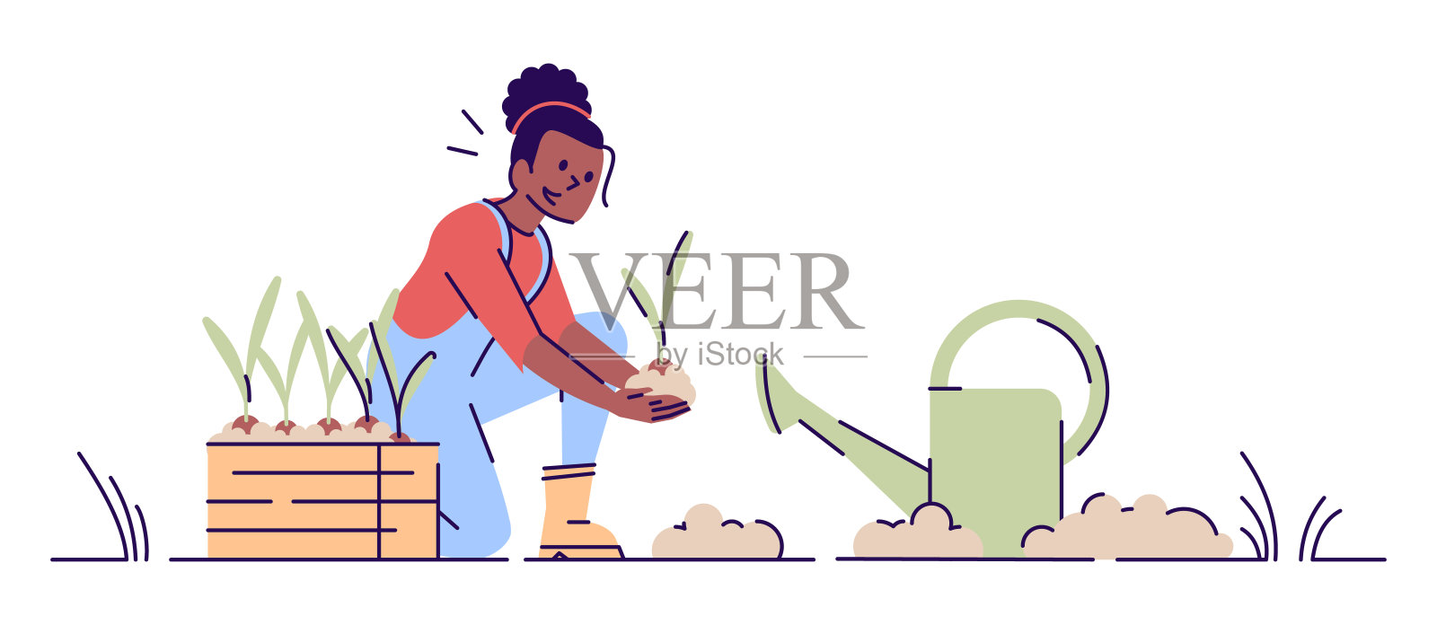 女孩园艺平面矢量插图。非洲裔美国妇女种植幼苗与浇水罐卡通人物。农民种植农作物。植物苗圃作品孤立概念与轮廓设计元素图片