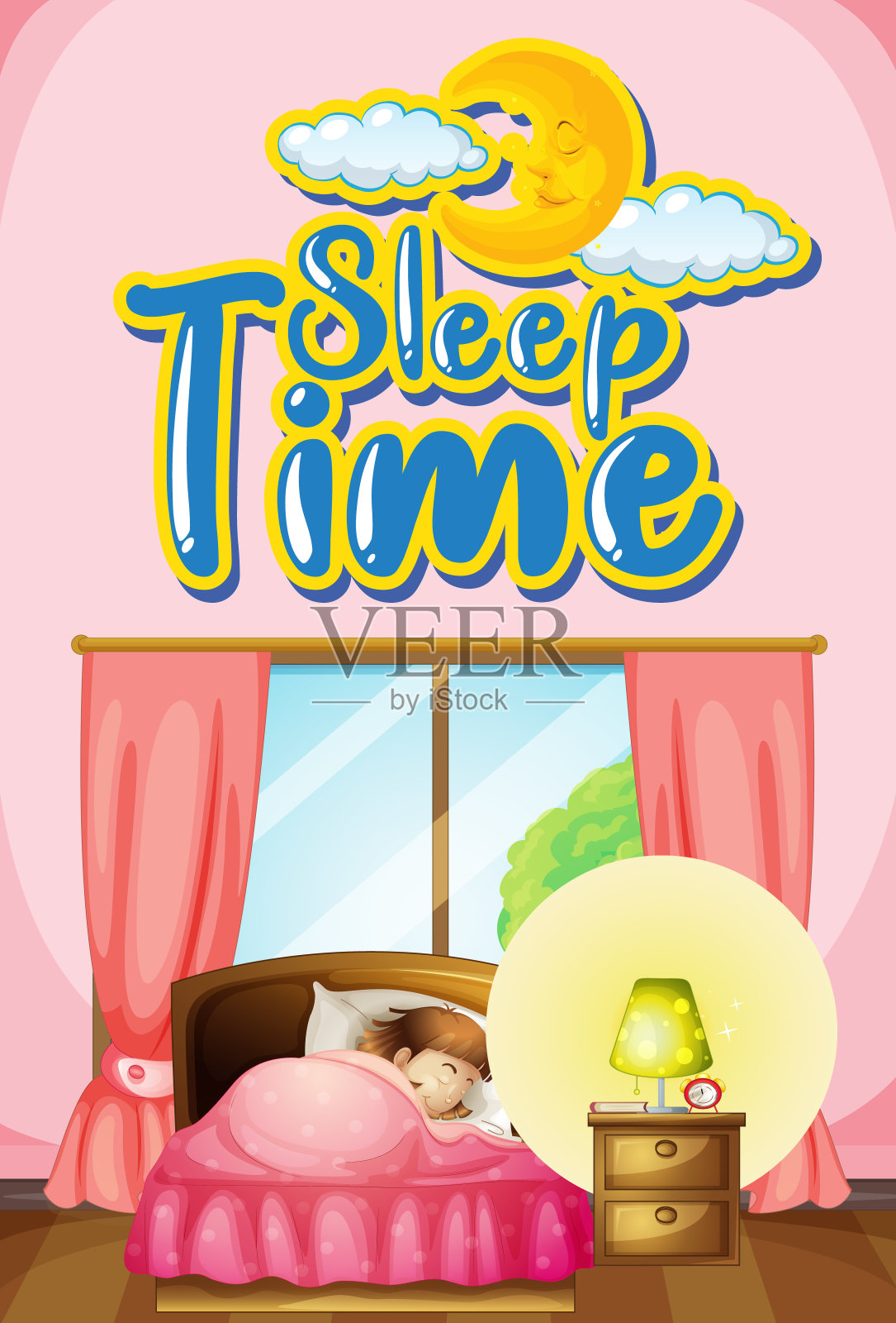 字体设计字睡时间与女孩睡在床上插画图片素材