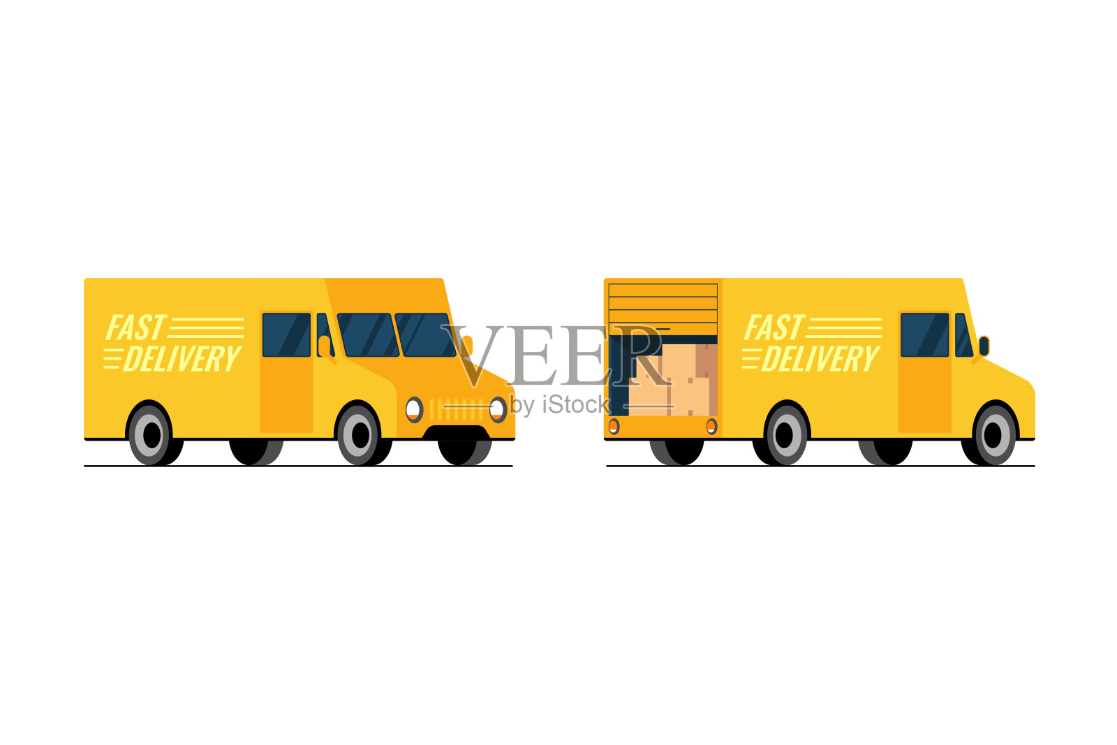 快速交付黄色卡车侧前和后视图集。快递货运服务货车概念。等距3d风格的平面矢量插图插画图片素材