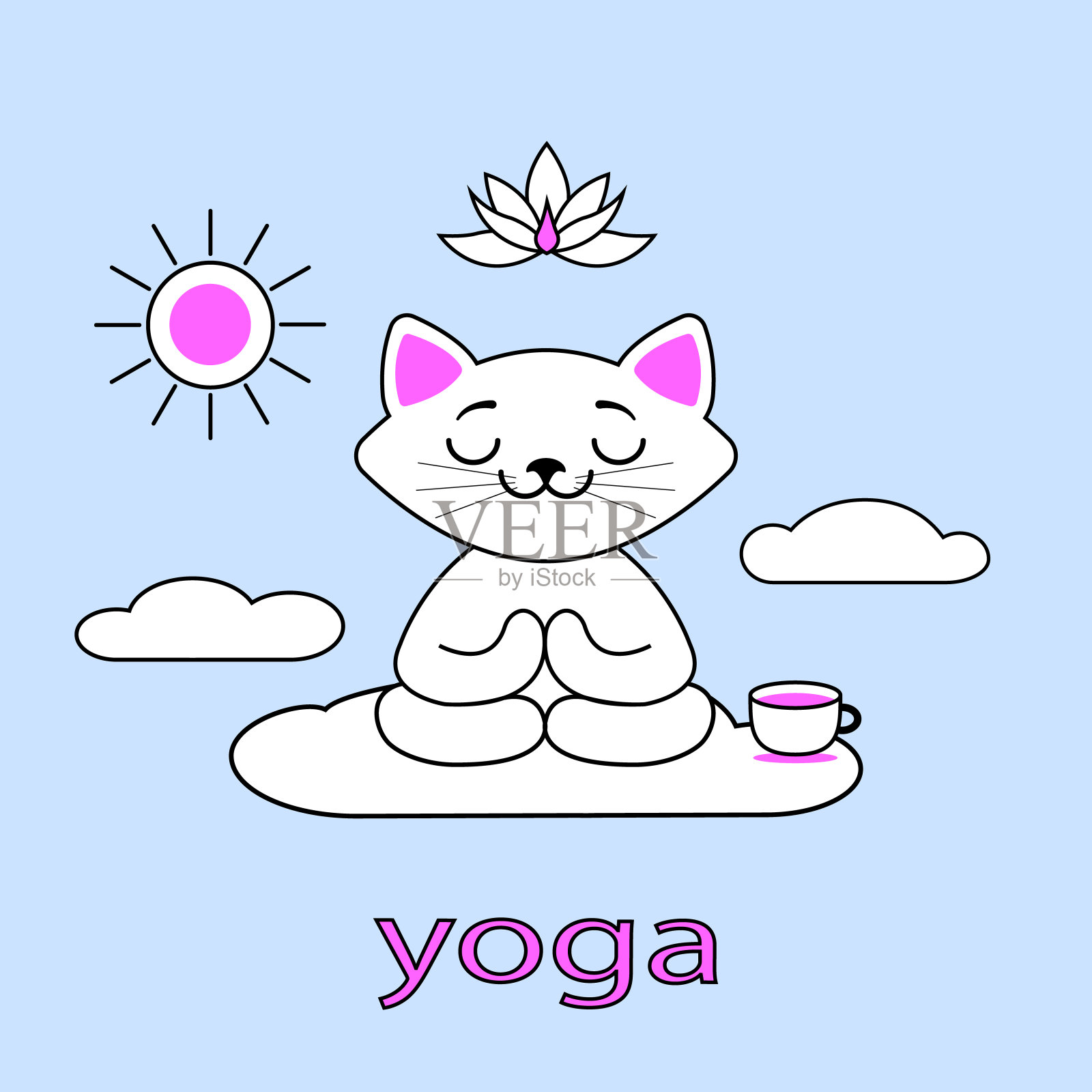 可爱的卡通猫在瑜伽姿势冥想，莲花的位置上的白色背景，它可以用作海报，明信片，免费瑜伽，体育中心和打印在衬衫上。矢量插图。插画图片素材