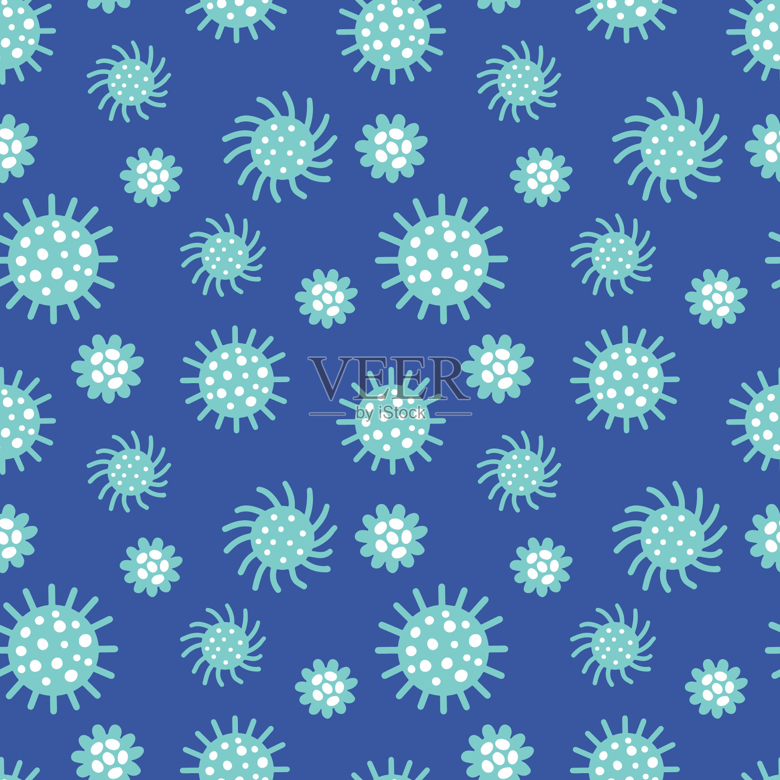 矢量插图涂鸦无缝模式不同种类的病毒隔离在蓝色背景。插画图片素材