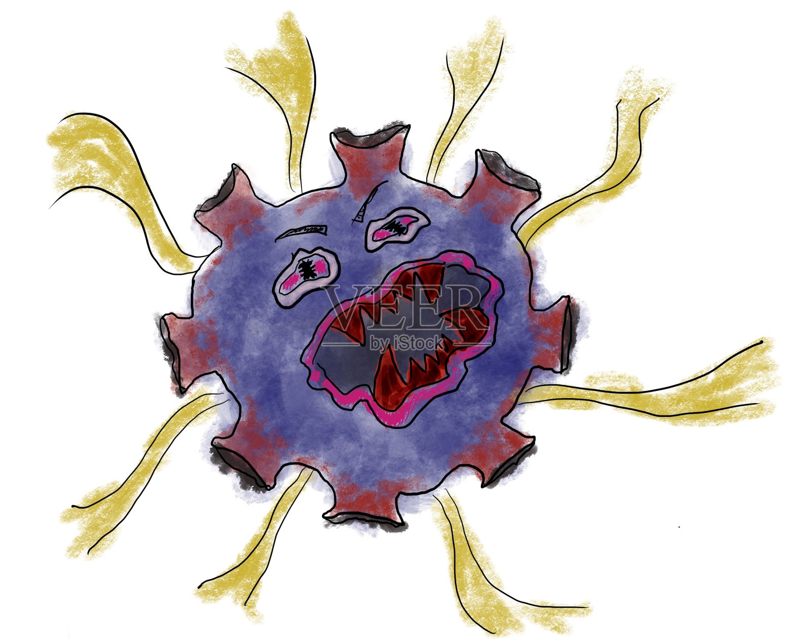 图示冠状病毒19，冠状病毒19的恶魔和愤怒的脸，与黄色的射线感染插画图片素材