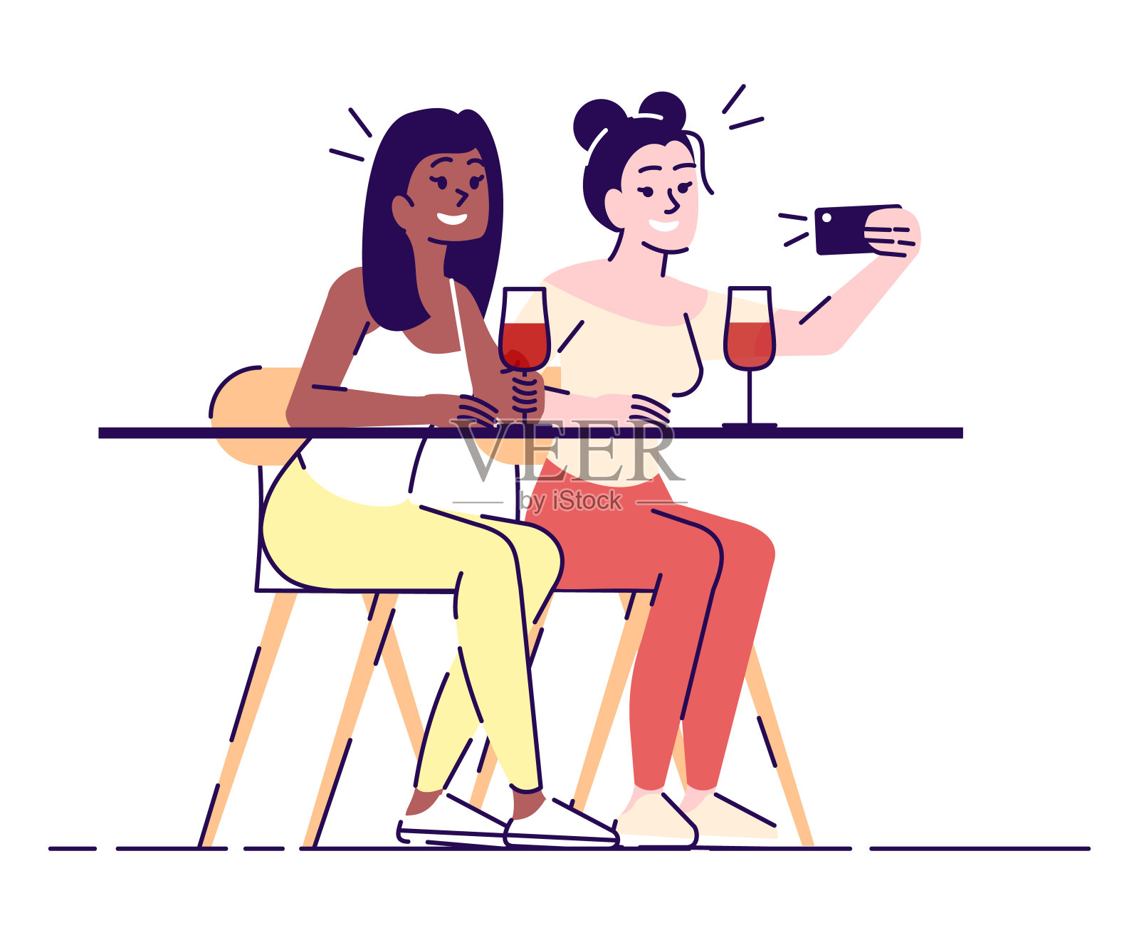 自拍平面矢量插图。两个面带微笑的女人在桌子上拿着酒杯用智能手机自拍。朋友们会见孤立的卡通人物在白色的背景插画图片素材