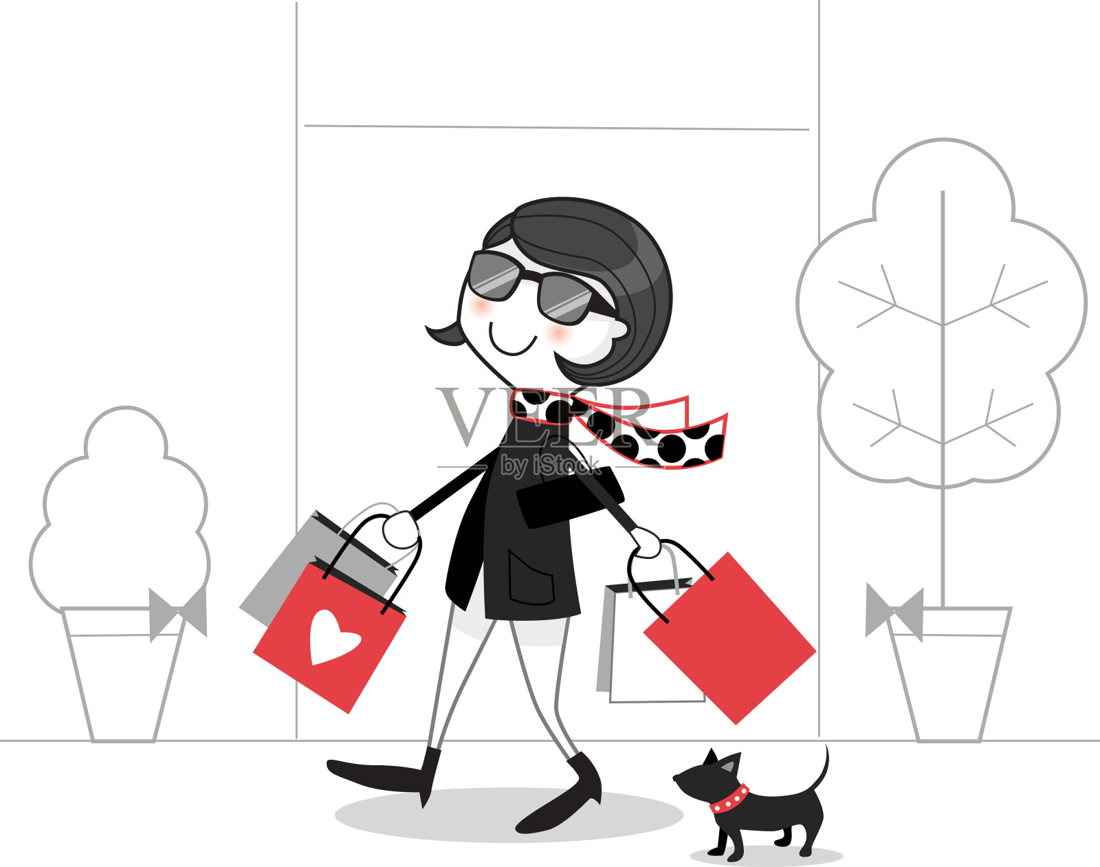 一个女人在购物，拿着购物袋走在街上插画图片素材