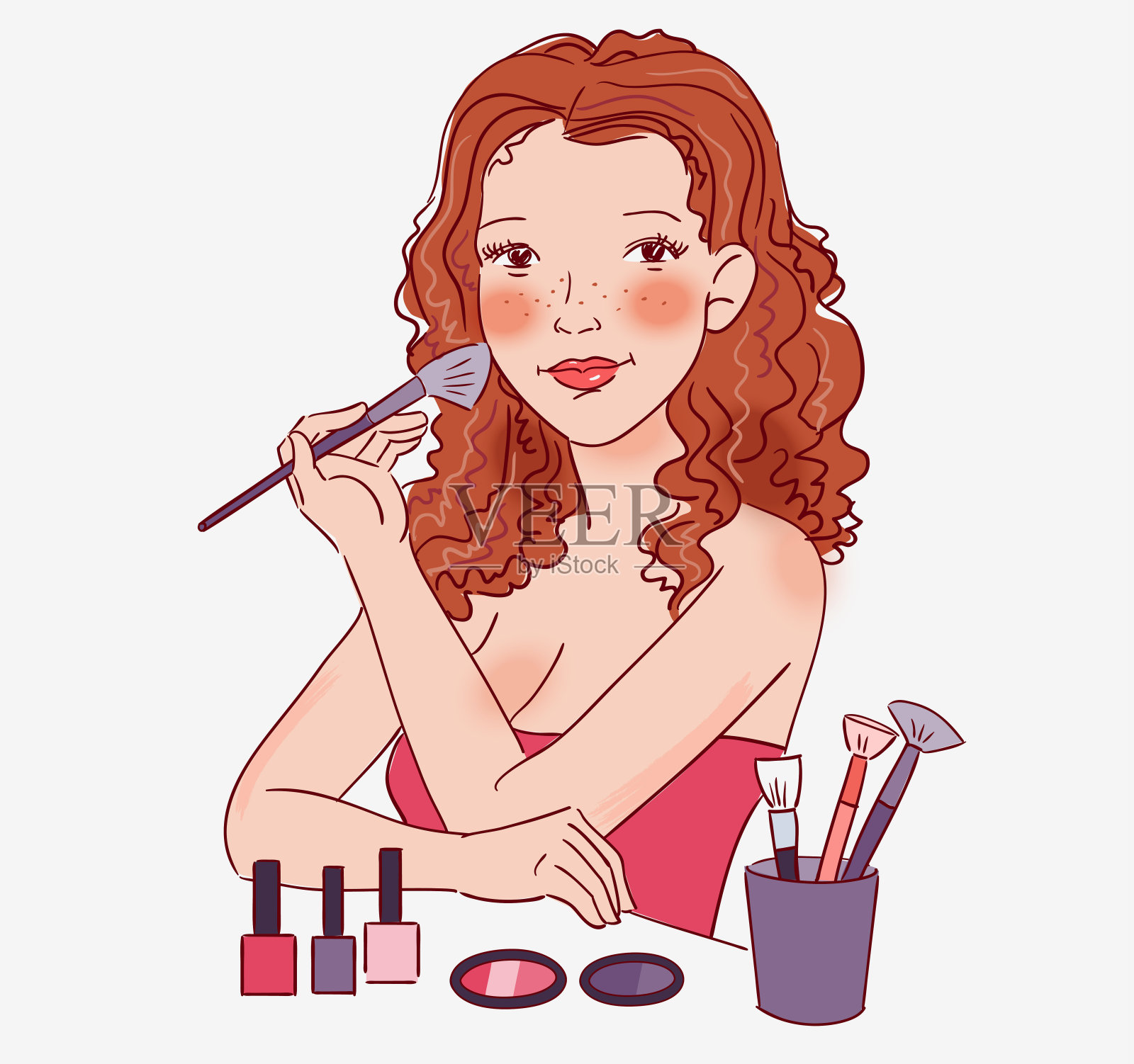 年轻女子在化妆。构成美向量概念插画图片素材