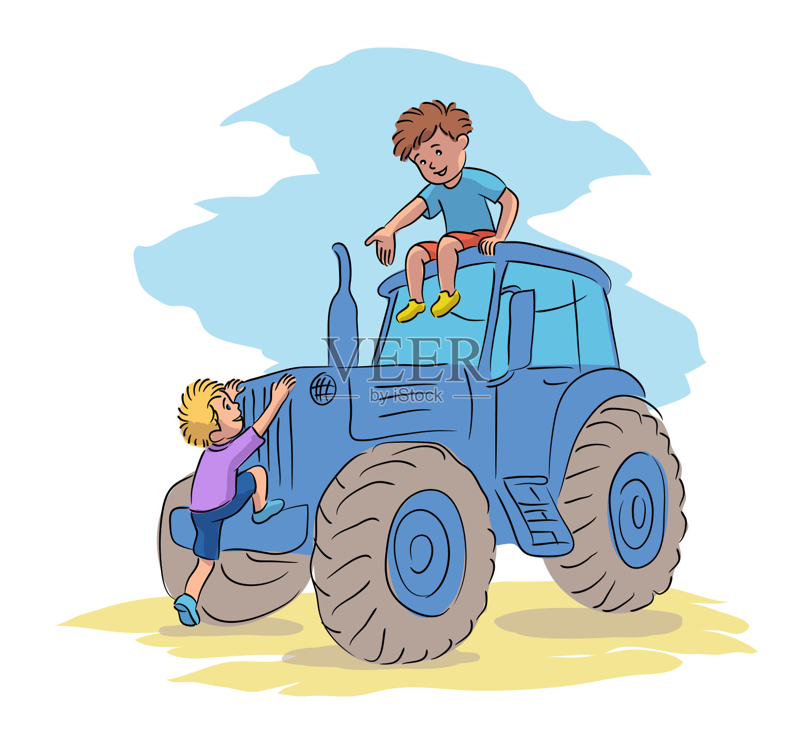 两个小男孩在玩农用拖拉机插画图片素材