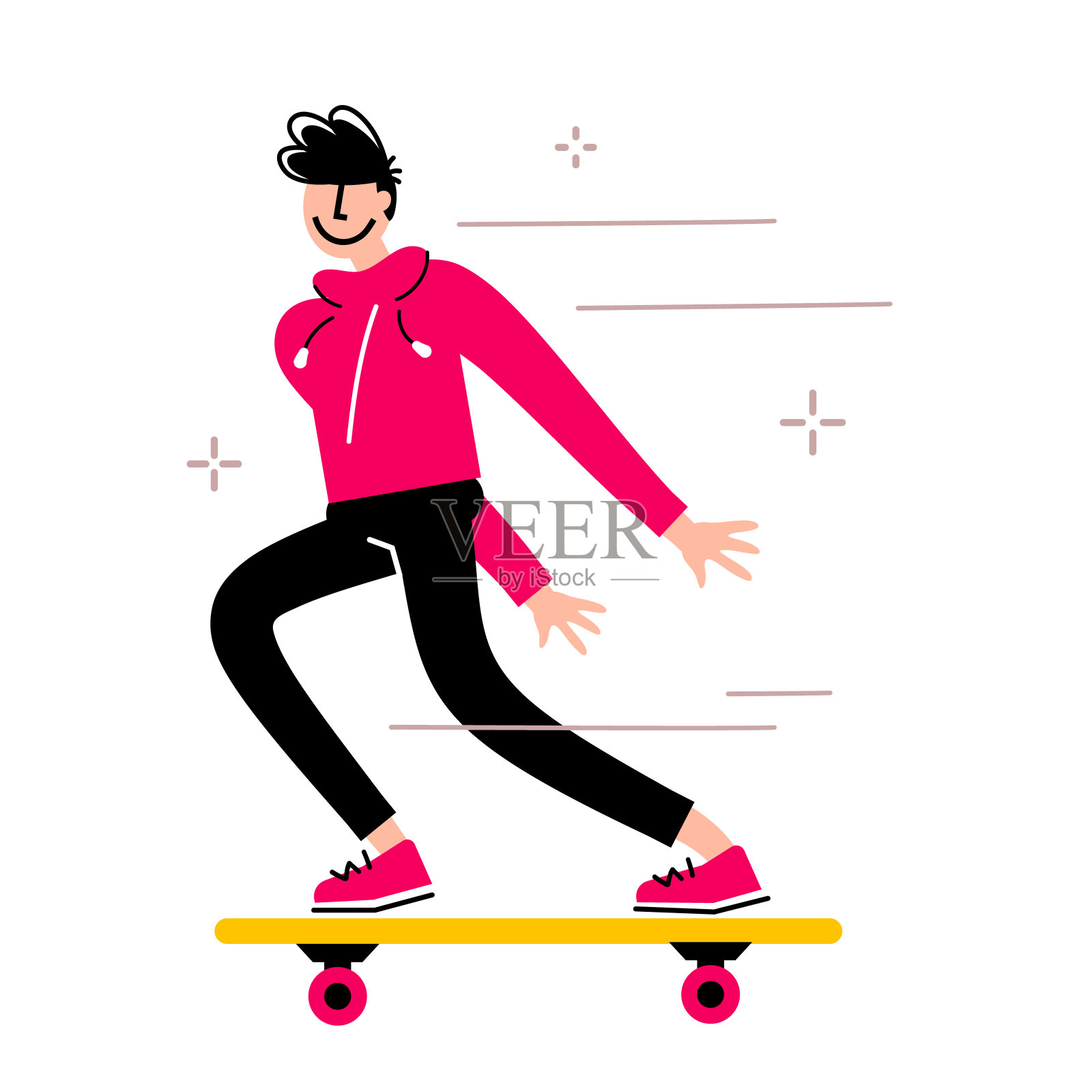矢量插图的快乐十几岁的男孩骑滑板。年轻的滑板手与微笑在白色的背景。插画图片素材