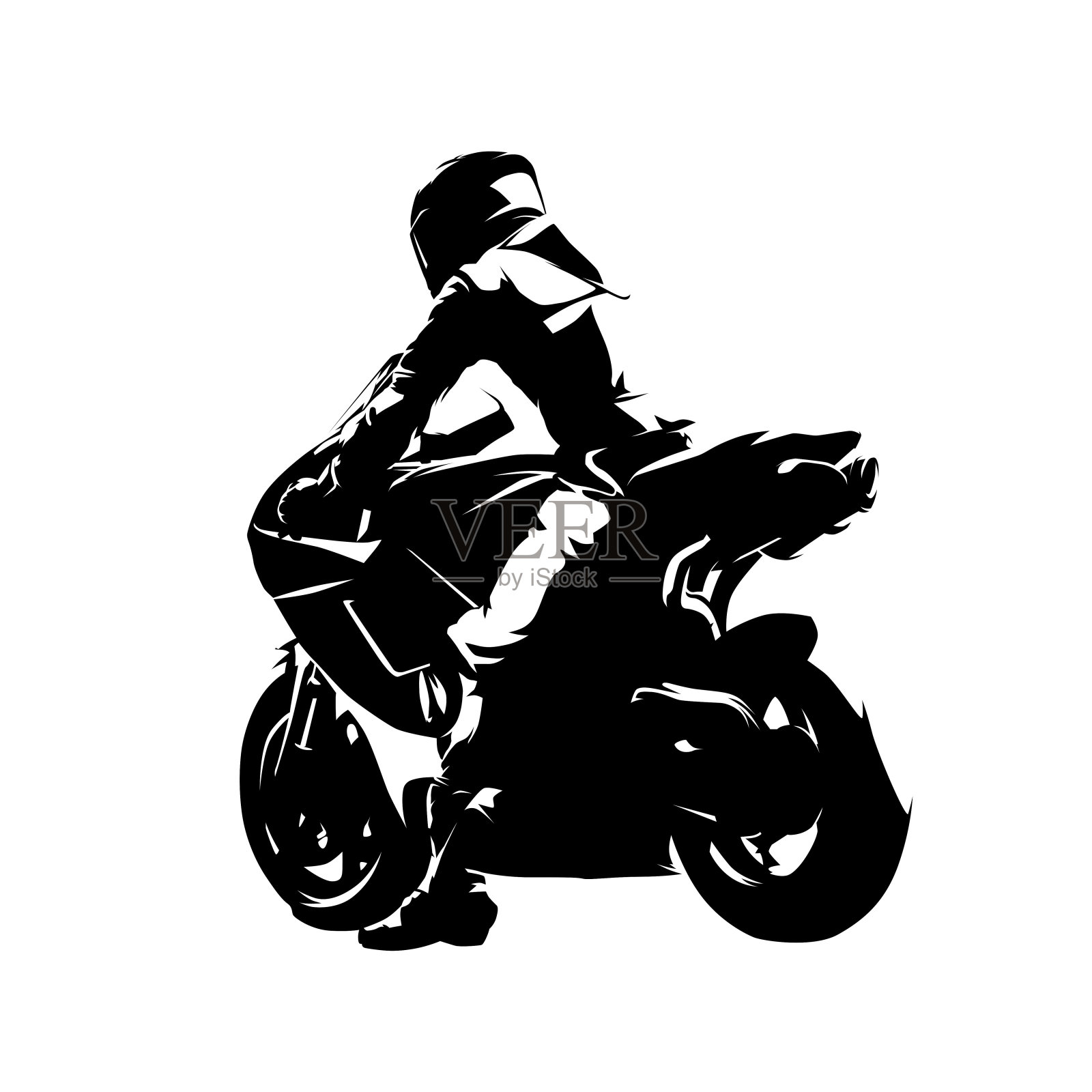 骑摩托车的人，看风景。道路飙车。孤立的矢量剪影。油墨画插画图片素材