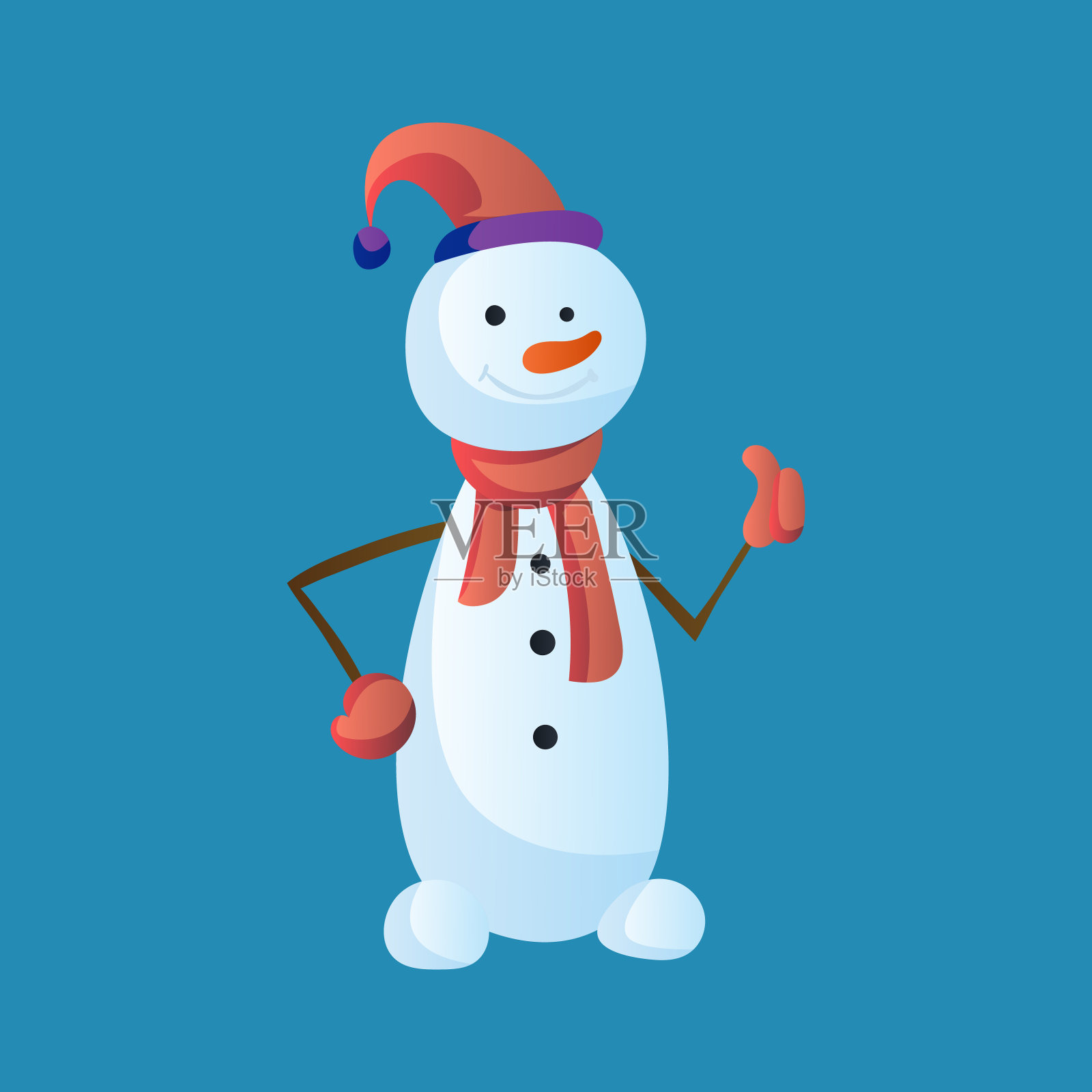 像雪人一样戴着大礼帽和围巾孤立在白色的背景上。冬天的主题。向量人物插图设计元素图片