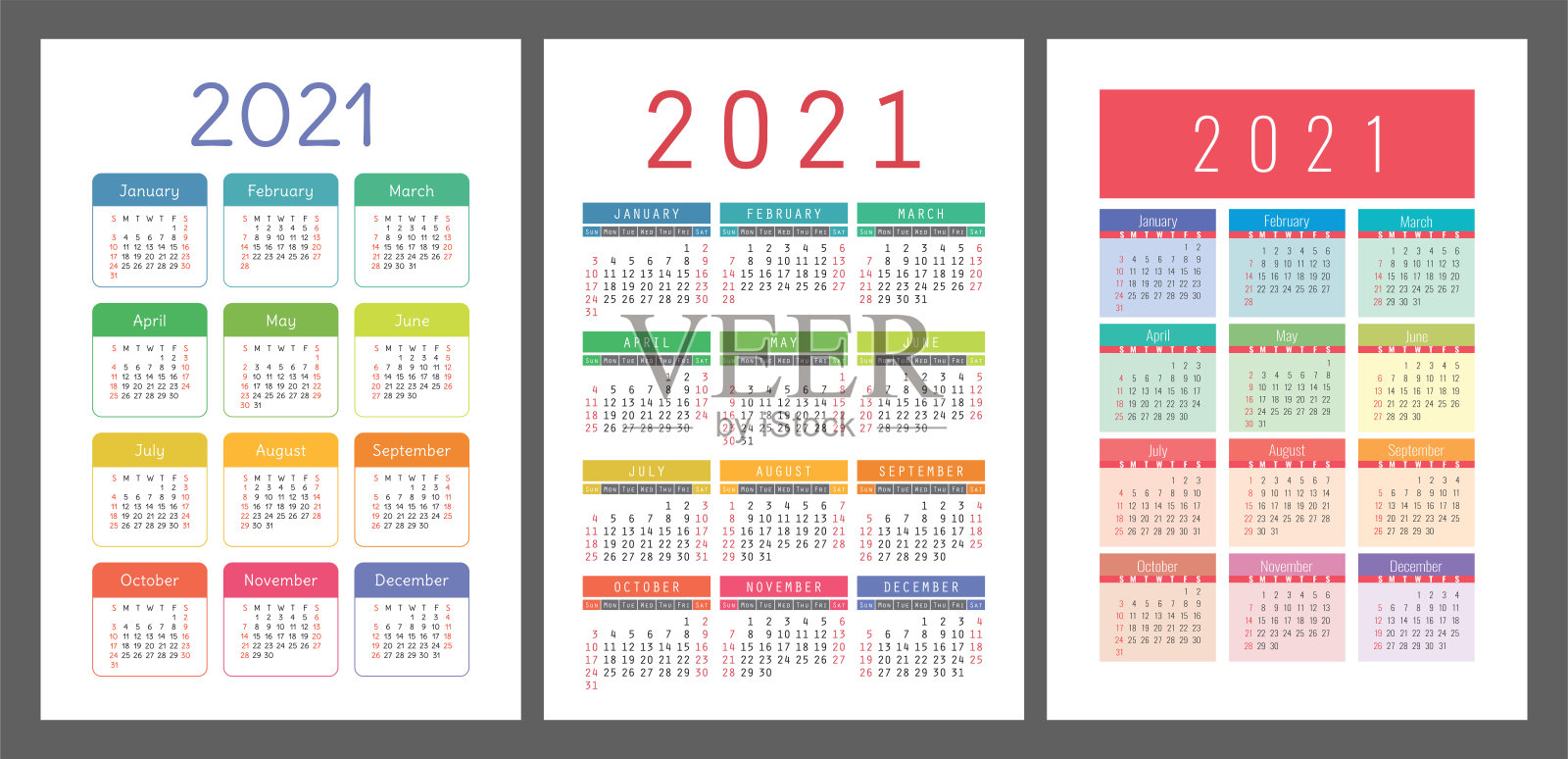 日历设定2021年。矢量口袋或墙壁压延机模板收集。简单的设计。一周从周日开始。一月，二月，三月，四月，五月，六月，七月，八月，九月，十月，十一月，十二月设计模板素材