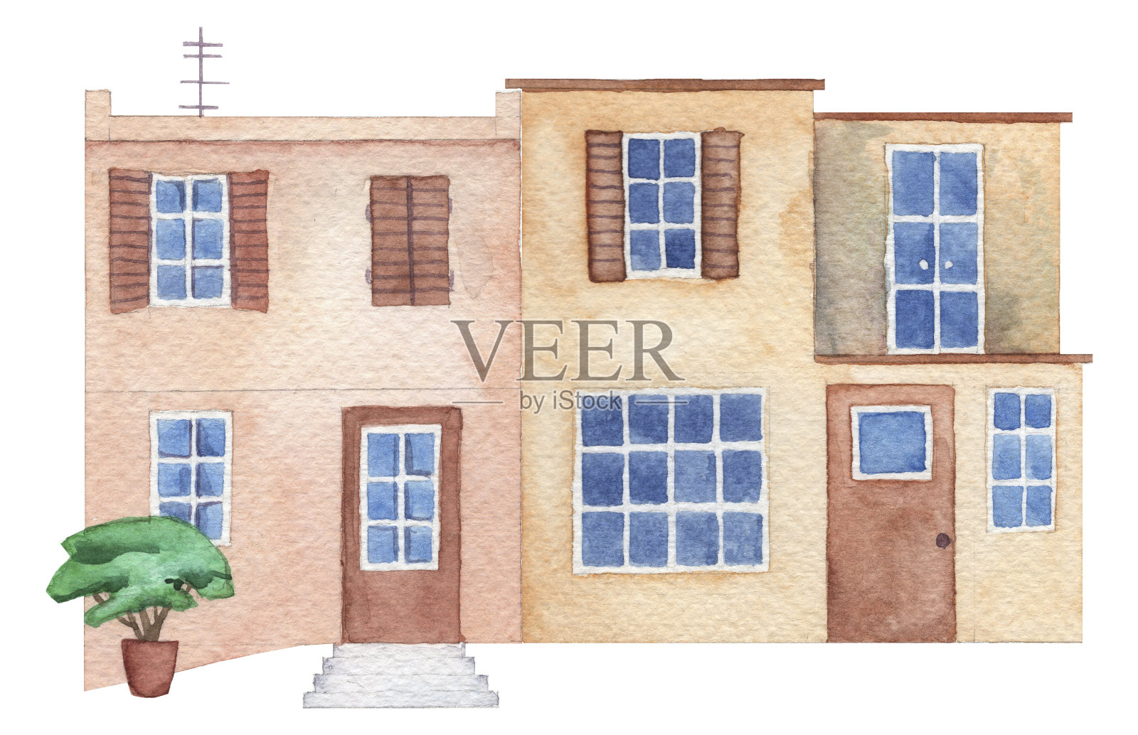 两幢地中海房屋的水彩画插图设计元素图片
