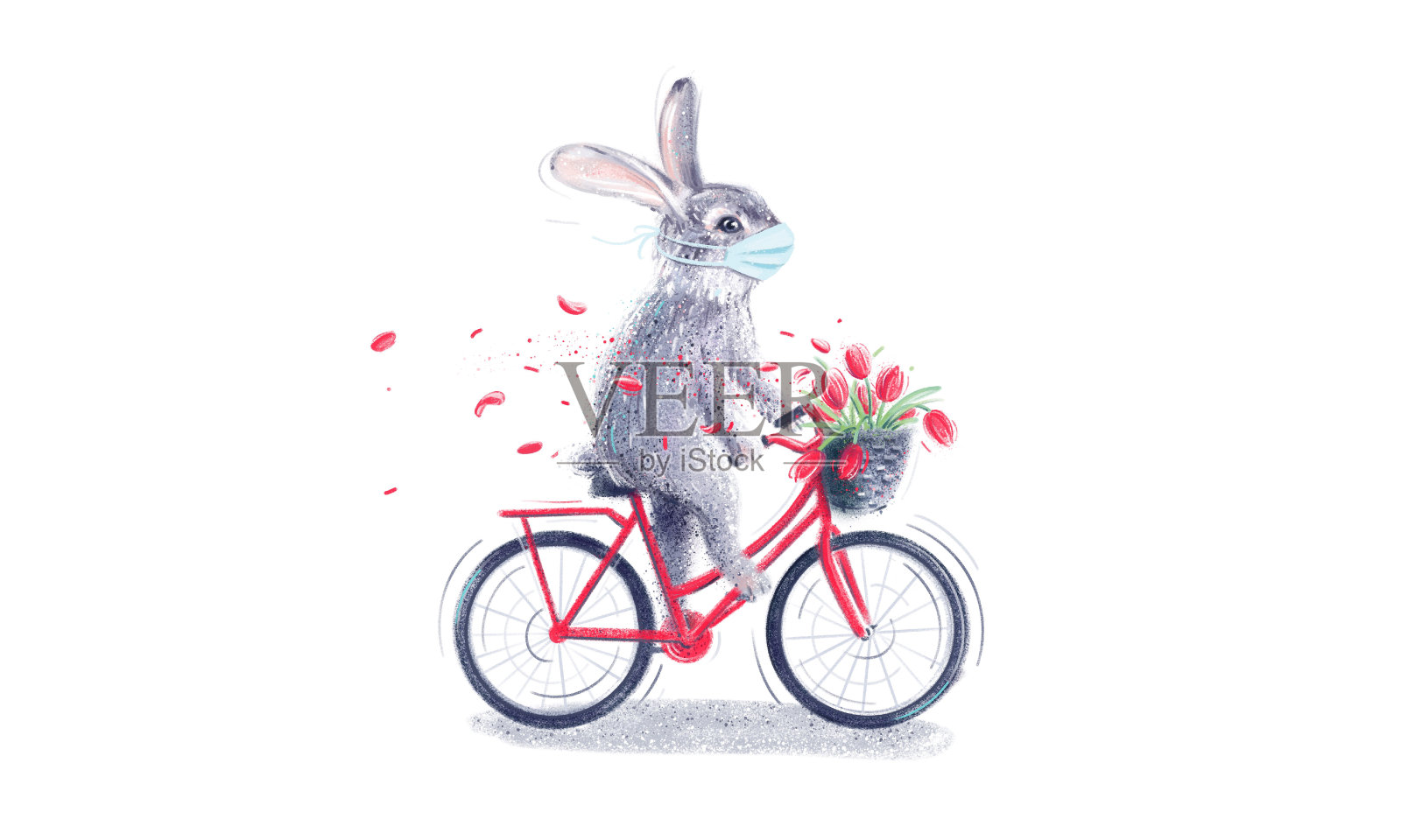 骑着自行车的复活节兔子戴着面具插画图片素材