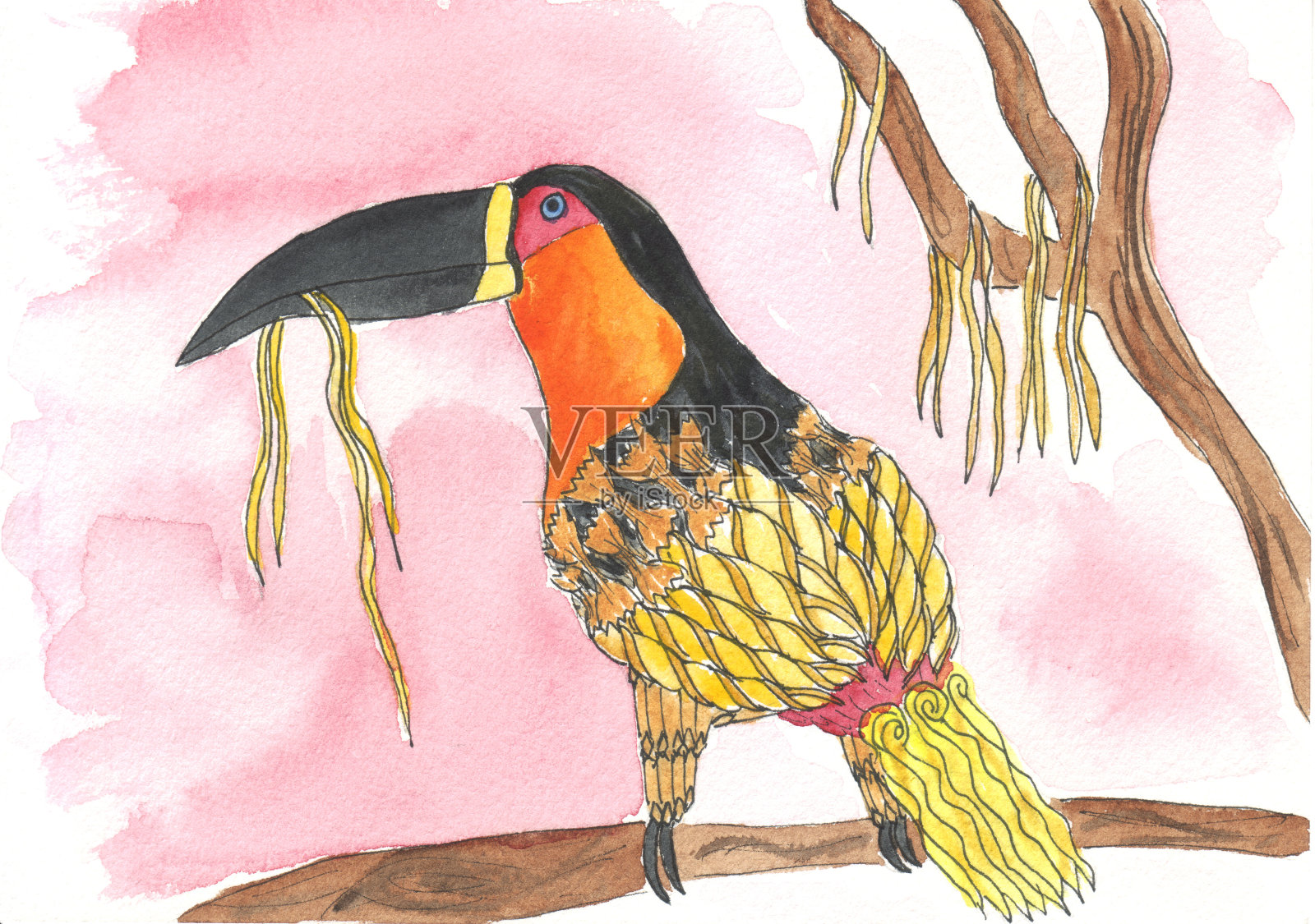 巨嘴鸟翅膀和尾巴上有羽毛，做成意大利面插画图片素材