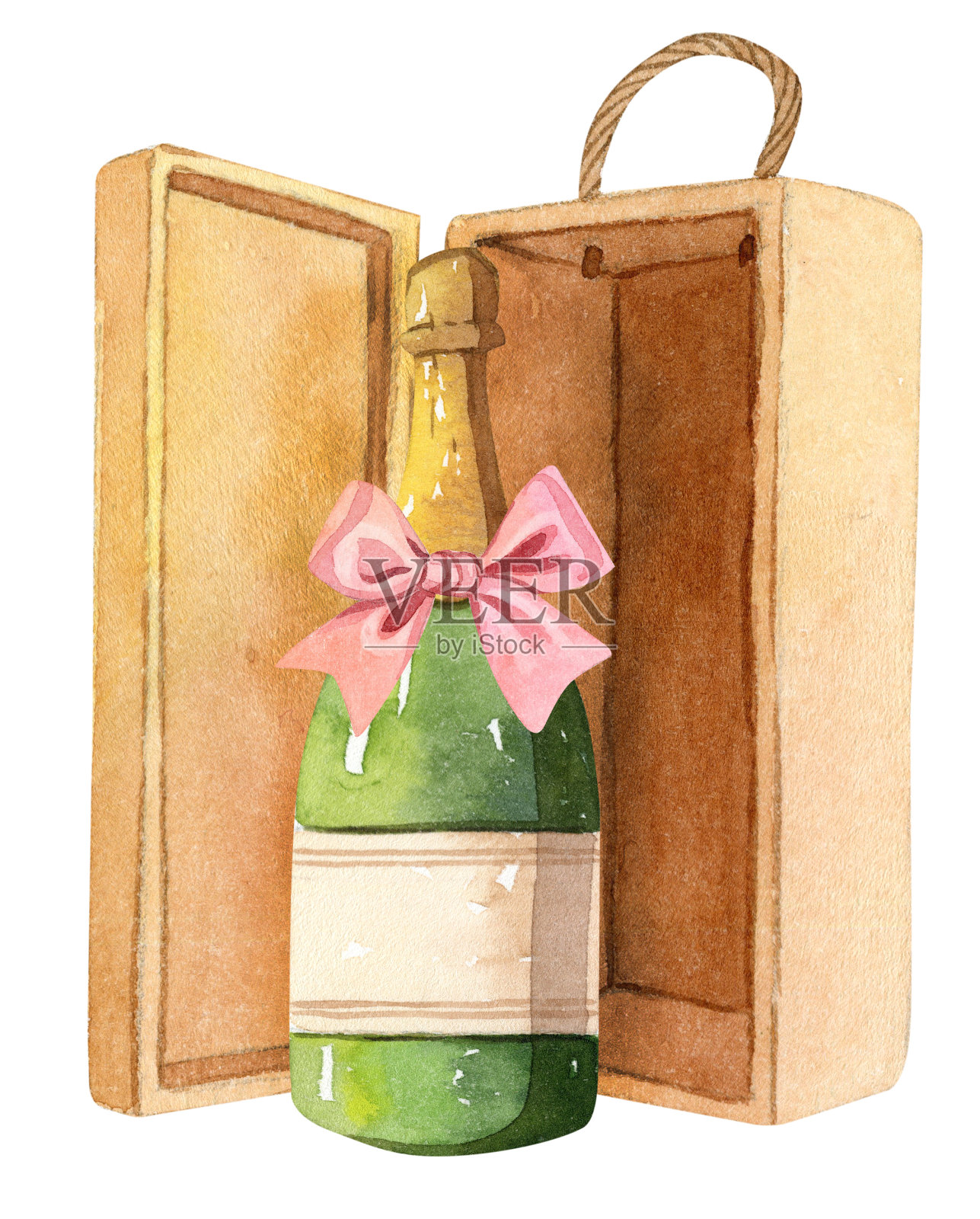 一瓶红酒在一个木盒-水彩插图插画图片素材