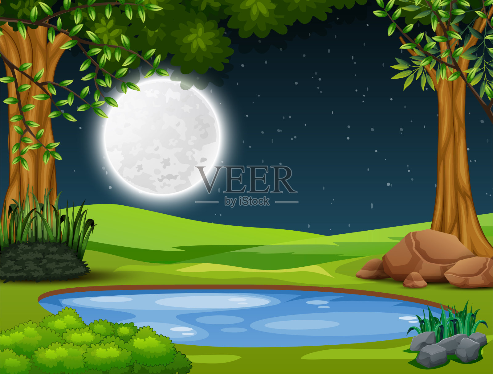 森林中央的小池塘夜景插画图片素材