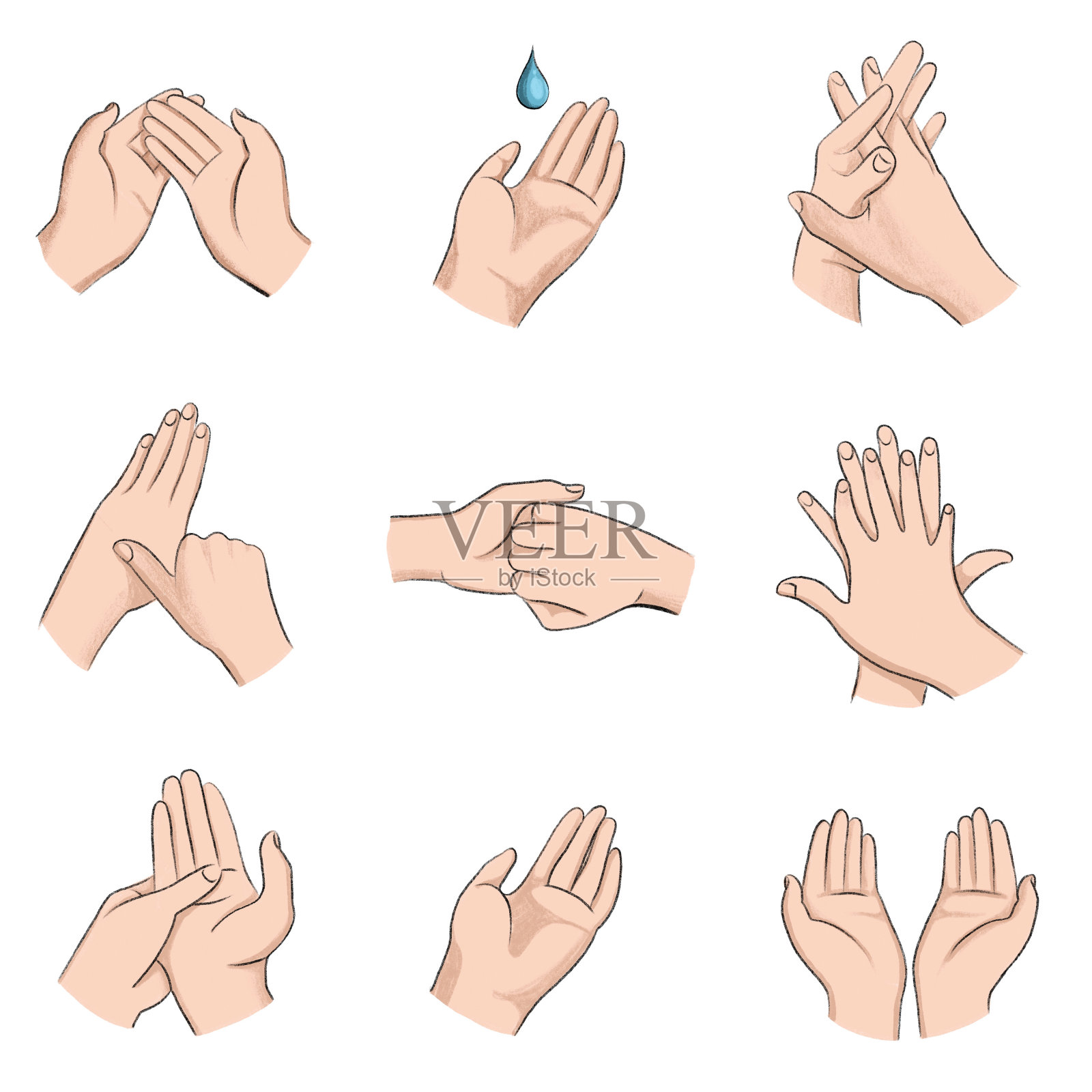 的手。一系列的手势。洗手说明设计元素图片
