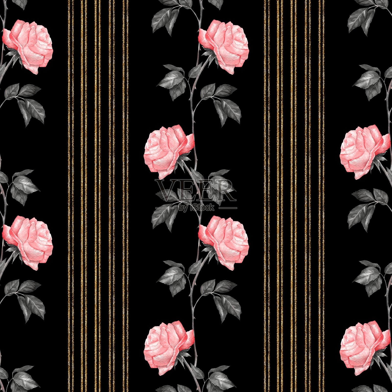 无缝花图案的粉红色玫瑰在黑色的背景插画图片素材
