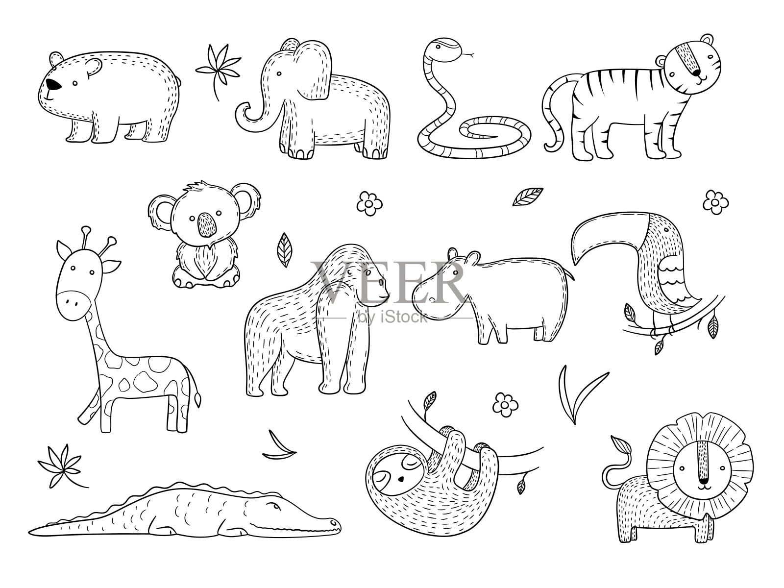 丛林动物。非洲野生动物野生猴子河马老虎线矢量绘图插画图片素材
