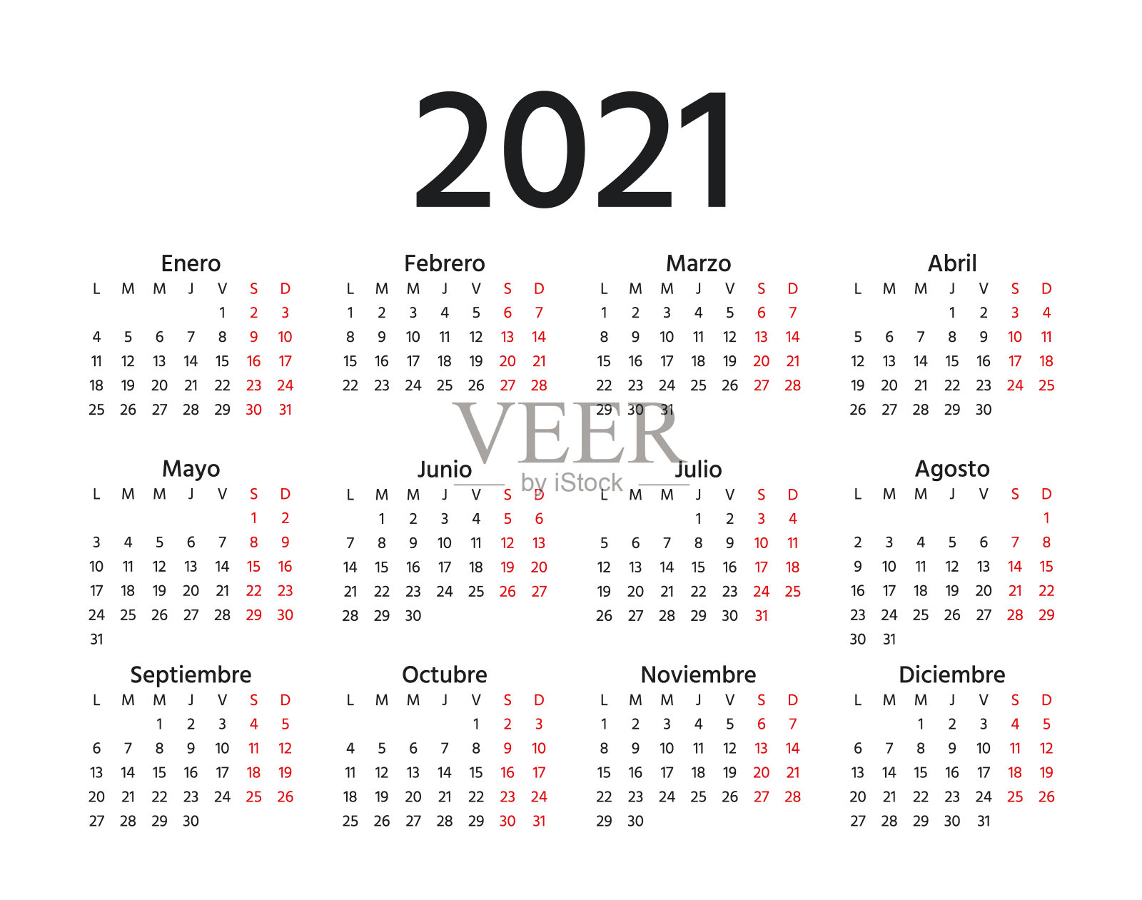 2021年西班牙日历。矢量插图。模板一年计划。插画图片素材