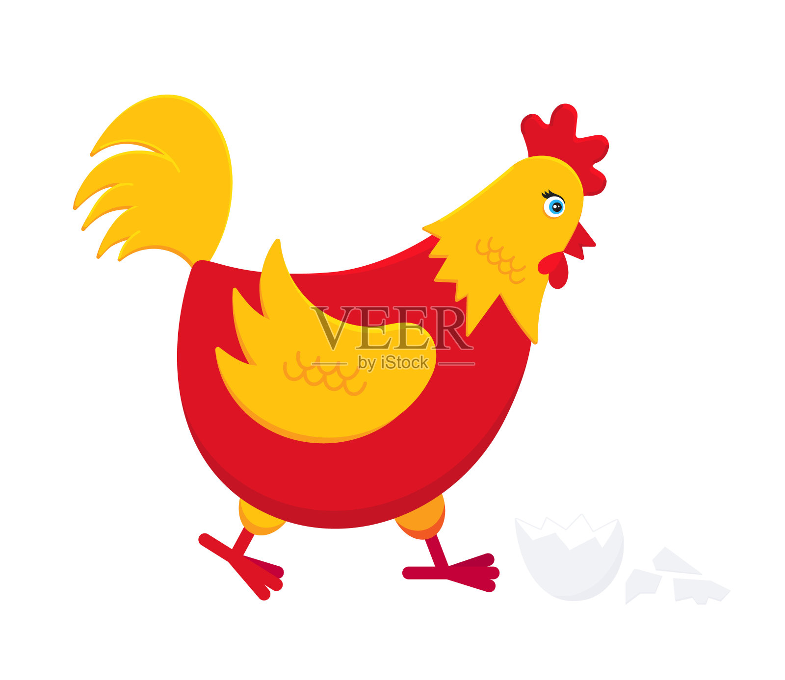 黄色和红色的鸡与破蛋平面风格设计矢量插图。养鸡家禽标志标志。被隔离在白色背景上的家禽。插画图片素材