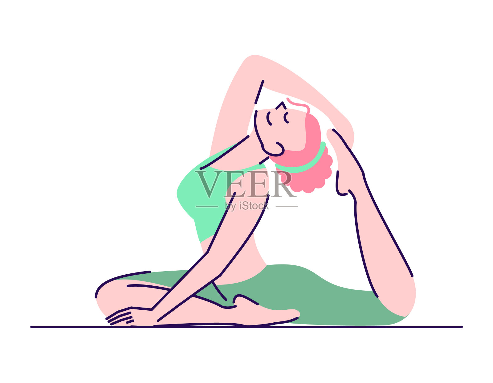 女子练习rajakapotasana练习平面矢量插图。瑜伽练习。女孩坐在一条腿的国王鸽子姿势孤立的卡通人物与轮廓元素在白色的背景插画图片素材
