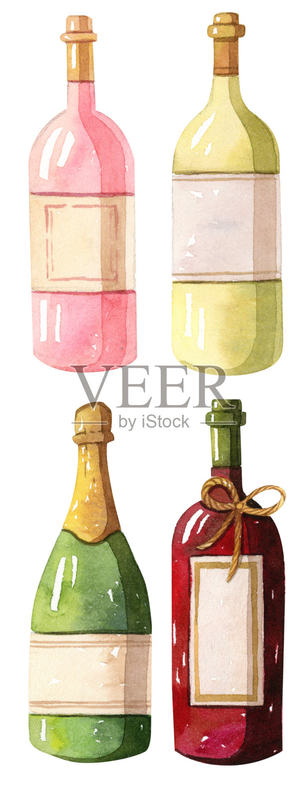 水彩插图-酒瓶-红，白，玫瑰插画图片素材