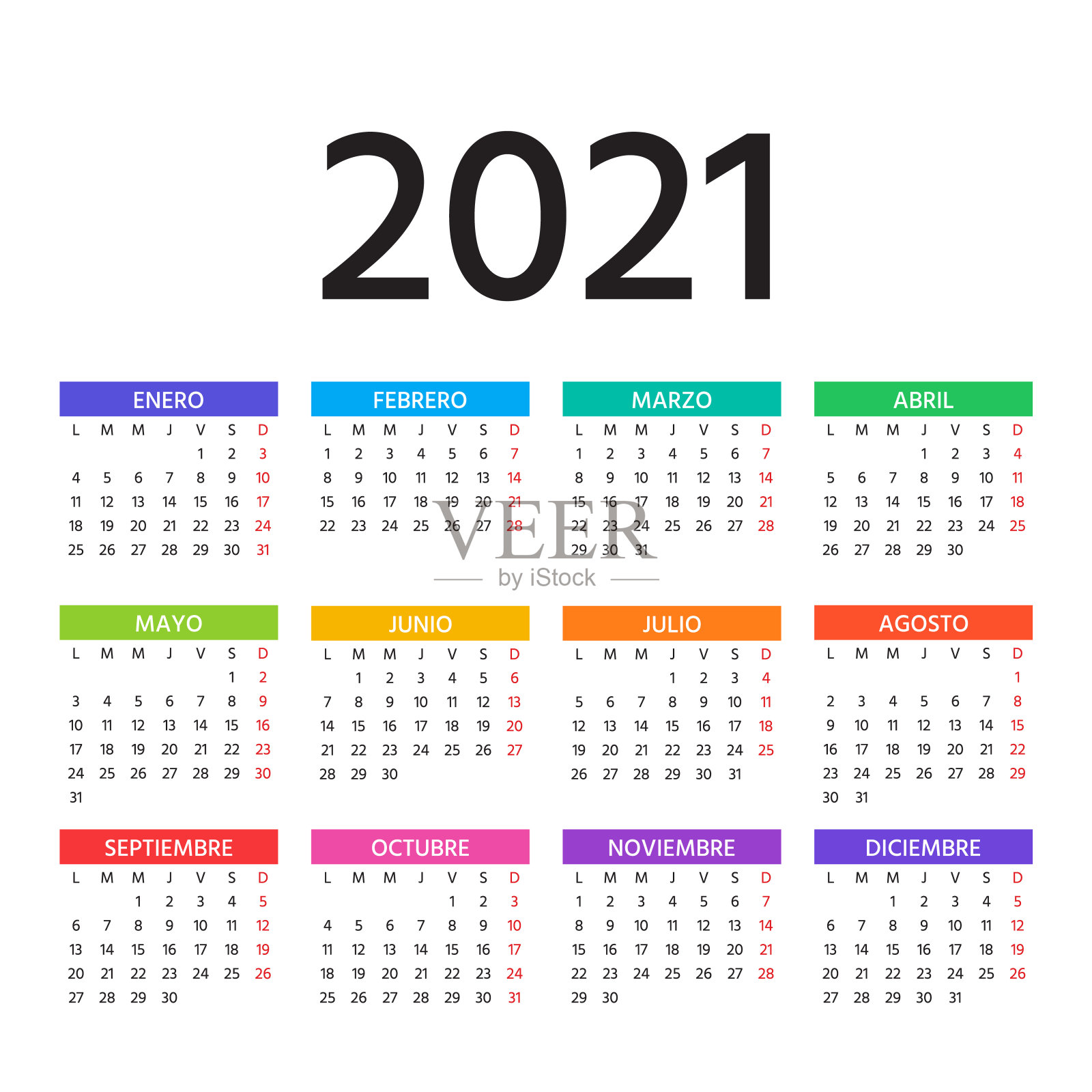 2021年西班牙日历。矢量插图。模板，布局年度计划。插画图片素材