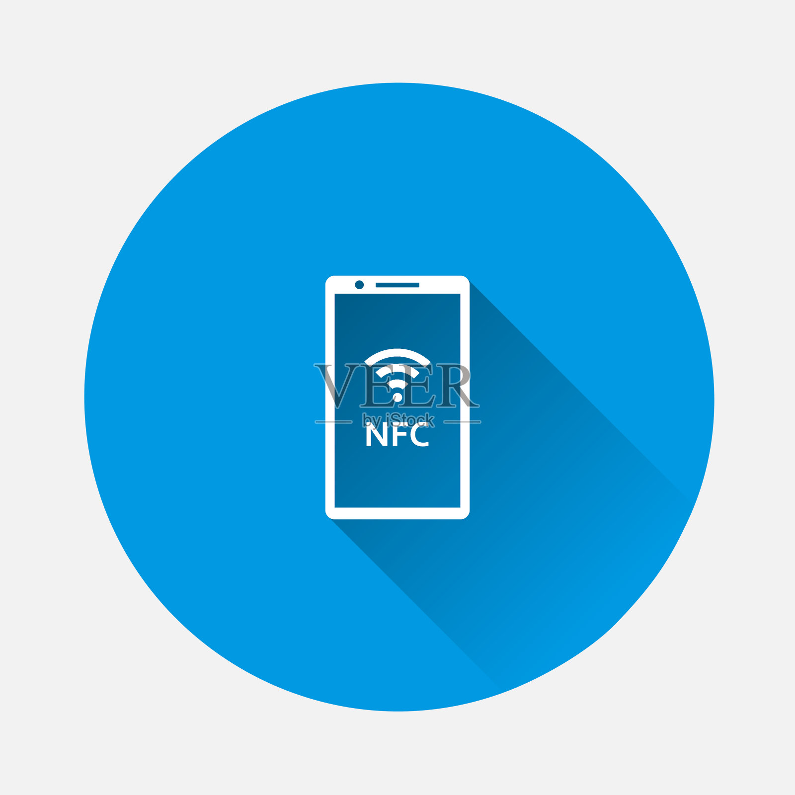矢量图标支付智能手机。NFC技术图标在蓝色背景。平面图像与长阴影。插画图片素材