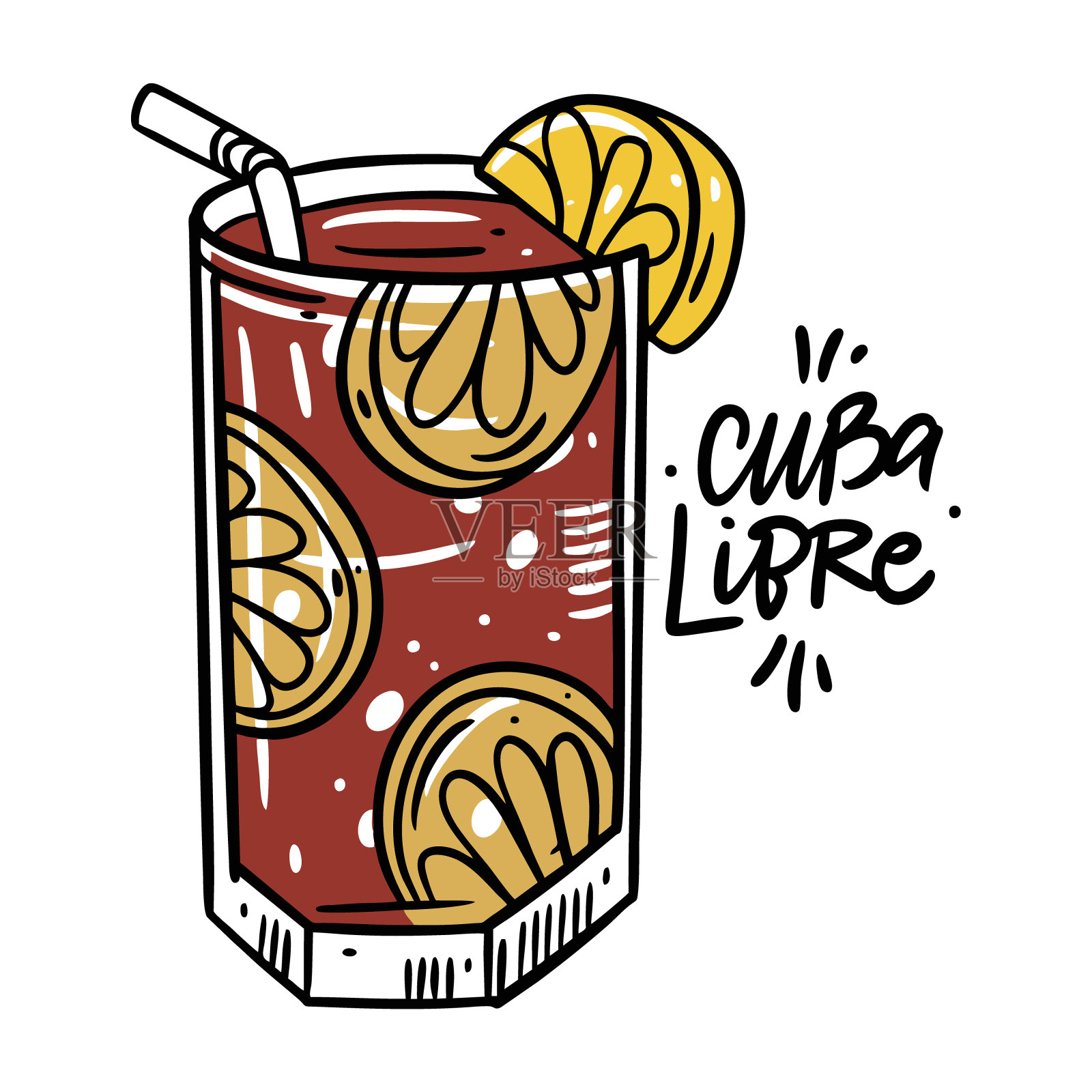 古巴自由酒鸡尾酒。平的风格。彩色卡通矢量插图。孤立在白色背景上。插画图片素材