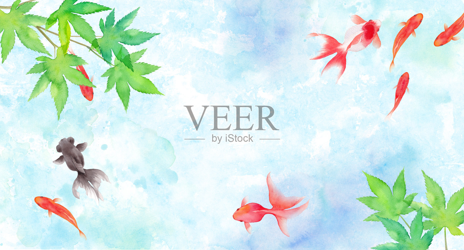 夏季图像背景由金鱼和新鲜的绿枫树组成，水彩插图插画图片素材